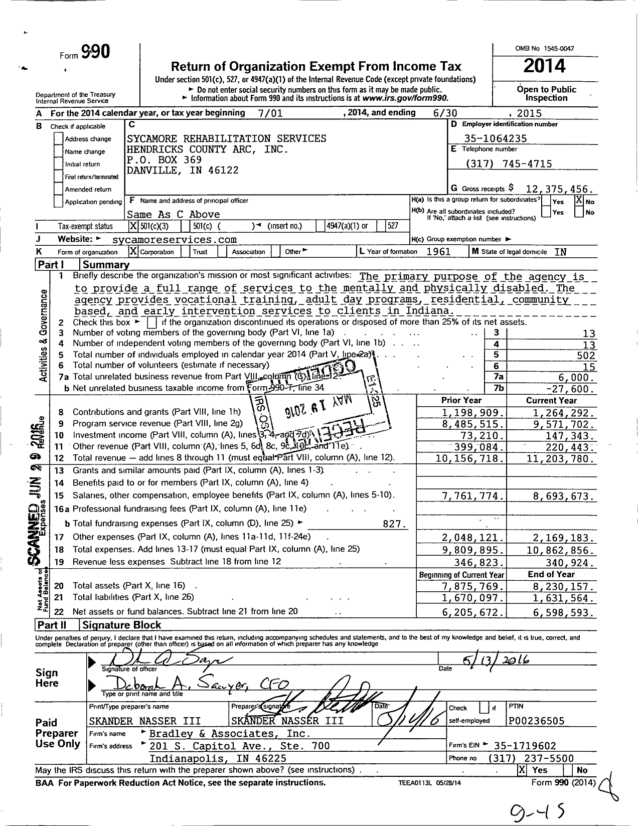 Image of first page of 2014 Form 990 for Sycamore Rehabilitation Services Hendricks County Arc