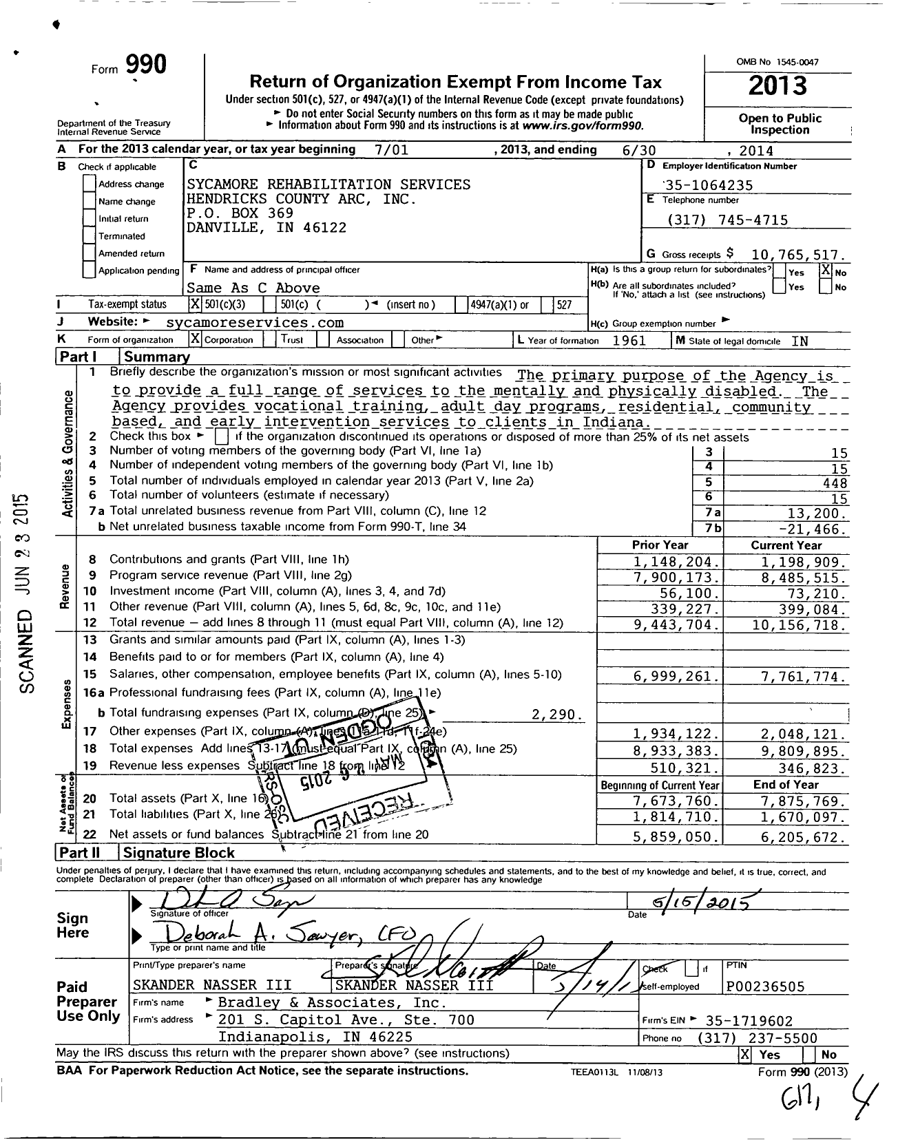 Image of first page of 2013 Form 990 for Sycamore Rehabilitation Services Hendricks County Arc