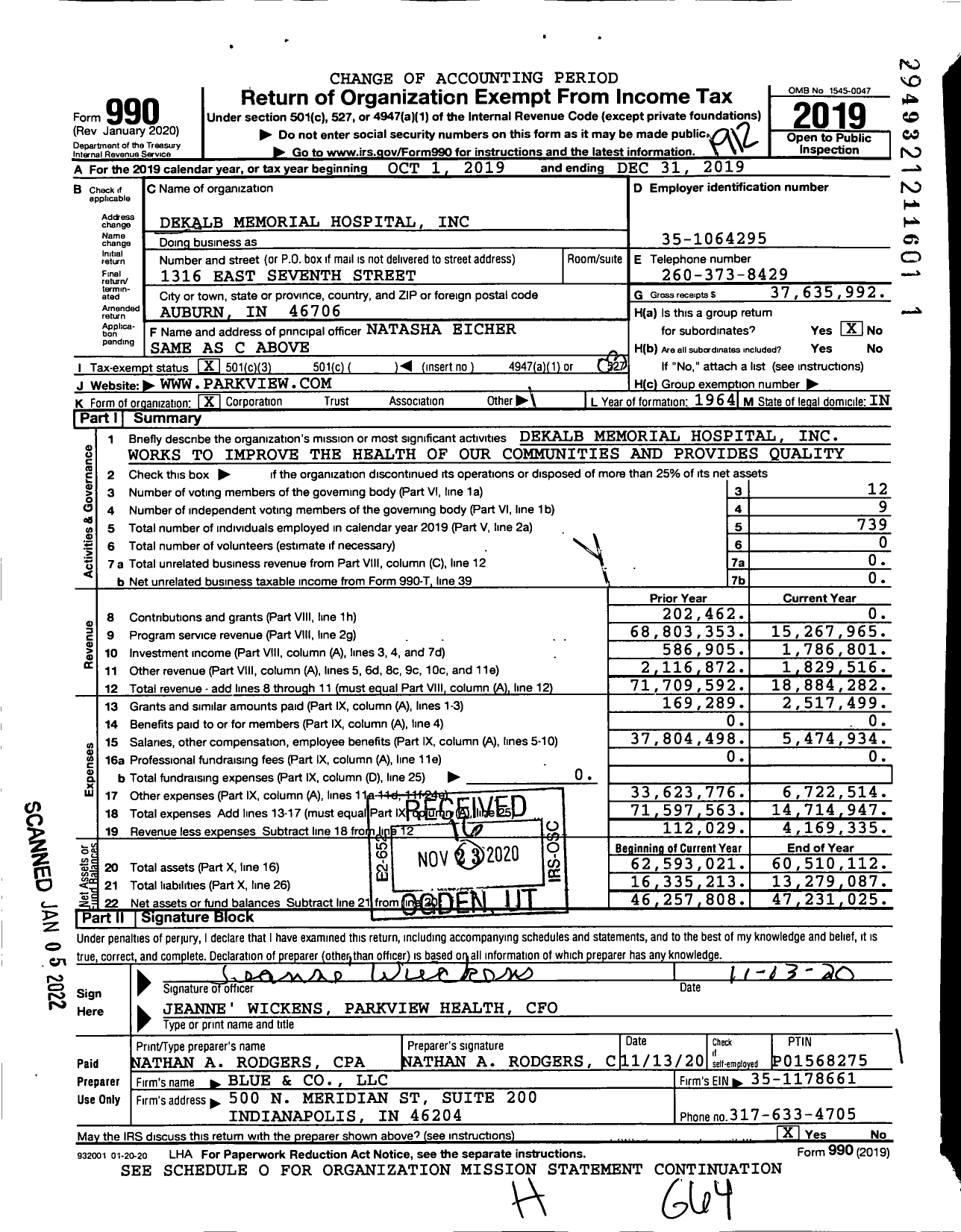 Image of first page of 2019 Form 990 for Parkview DeKalb Hospital