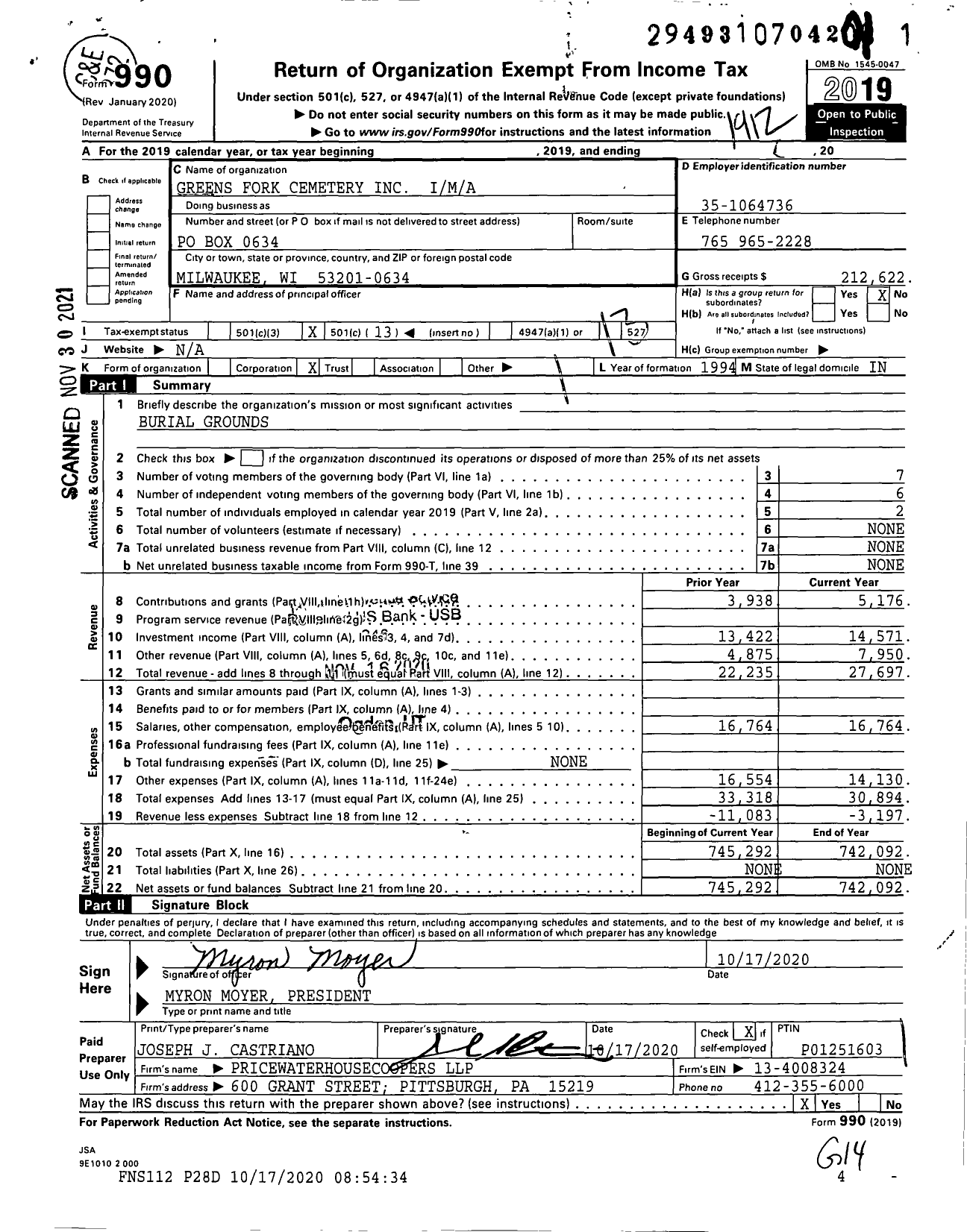 Image of first page of 2019 Form 990O for Greens Fork Cemetery