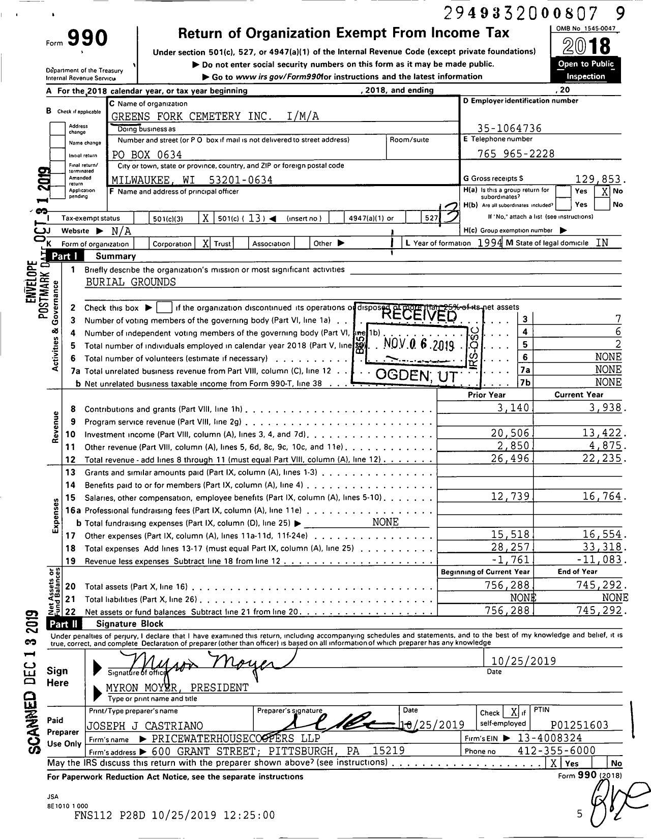 Image of first page of 2018 Form 990O for Greens Fork Cemetery