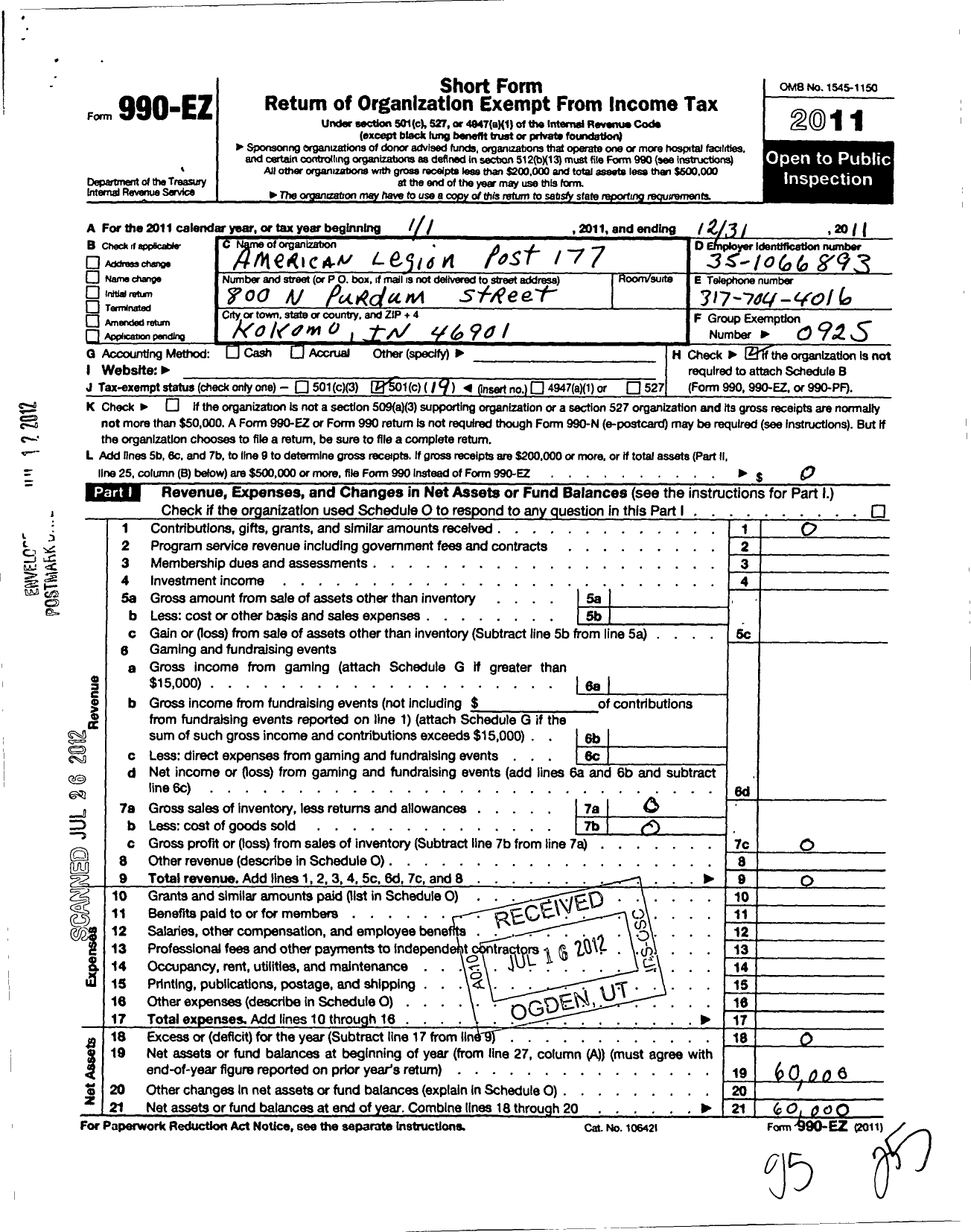 Image of first page of 2011 Form 990EO for American Legion - 177 Worley David Gaskin