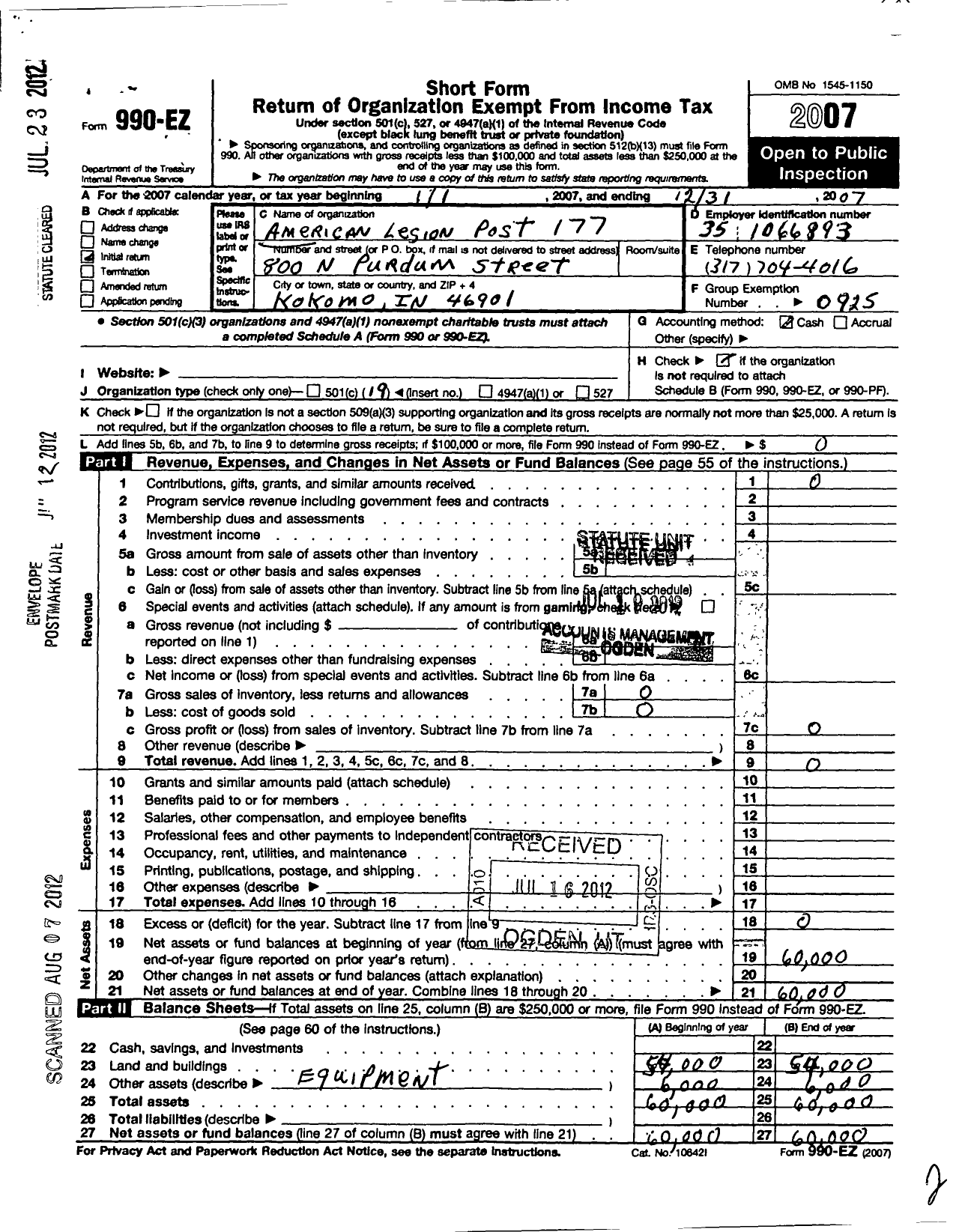 Image of first page of 2007 Form 990EO for American Legion - 177 Worley David Gaskin