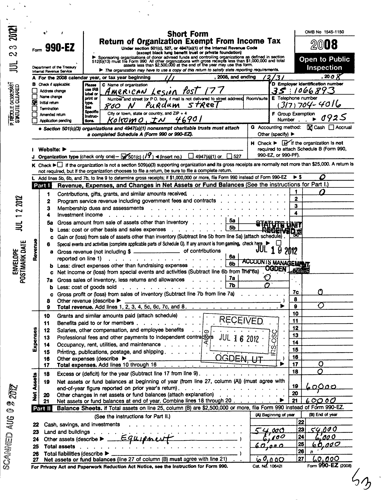Image of first page of 2008 Form 990EO for American Legion - 177 Worley David Gaskin