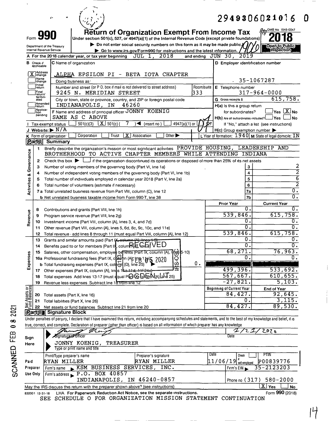 Image of first page of 2018 Form 990O for Alpha Epsilon Pi Fraternity / Beta Iota Chapter