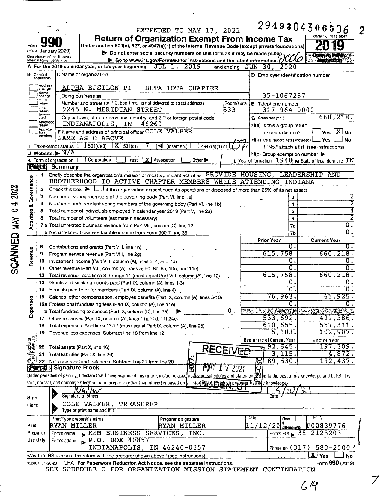 Image of first page of 2019 Form 990O for Alpha Epsilon Pi Fraternity / Beta Iota Chapter