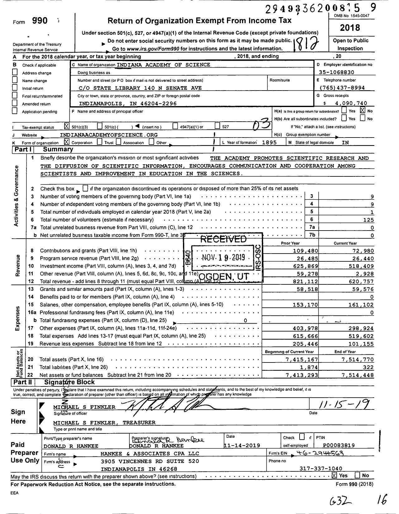 Image of first page of 2018 Form 990 for Indiana Academy of Science