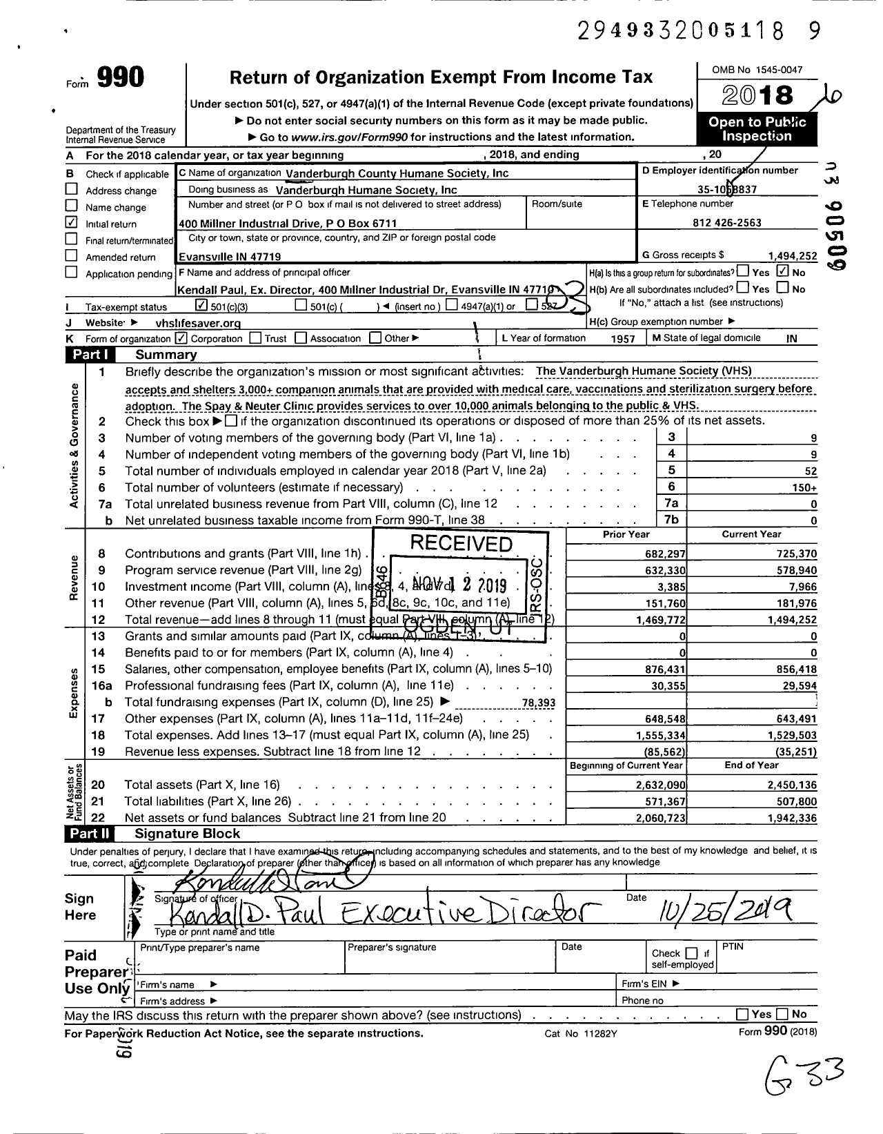 Image of first page of 2018 Form 990 for Vanderburgh Humane Society (VHS)