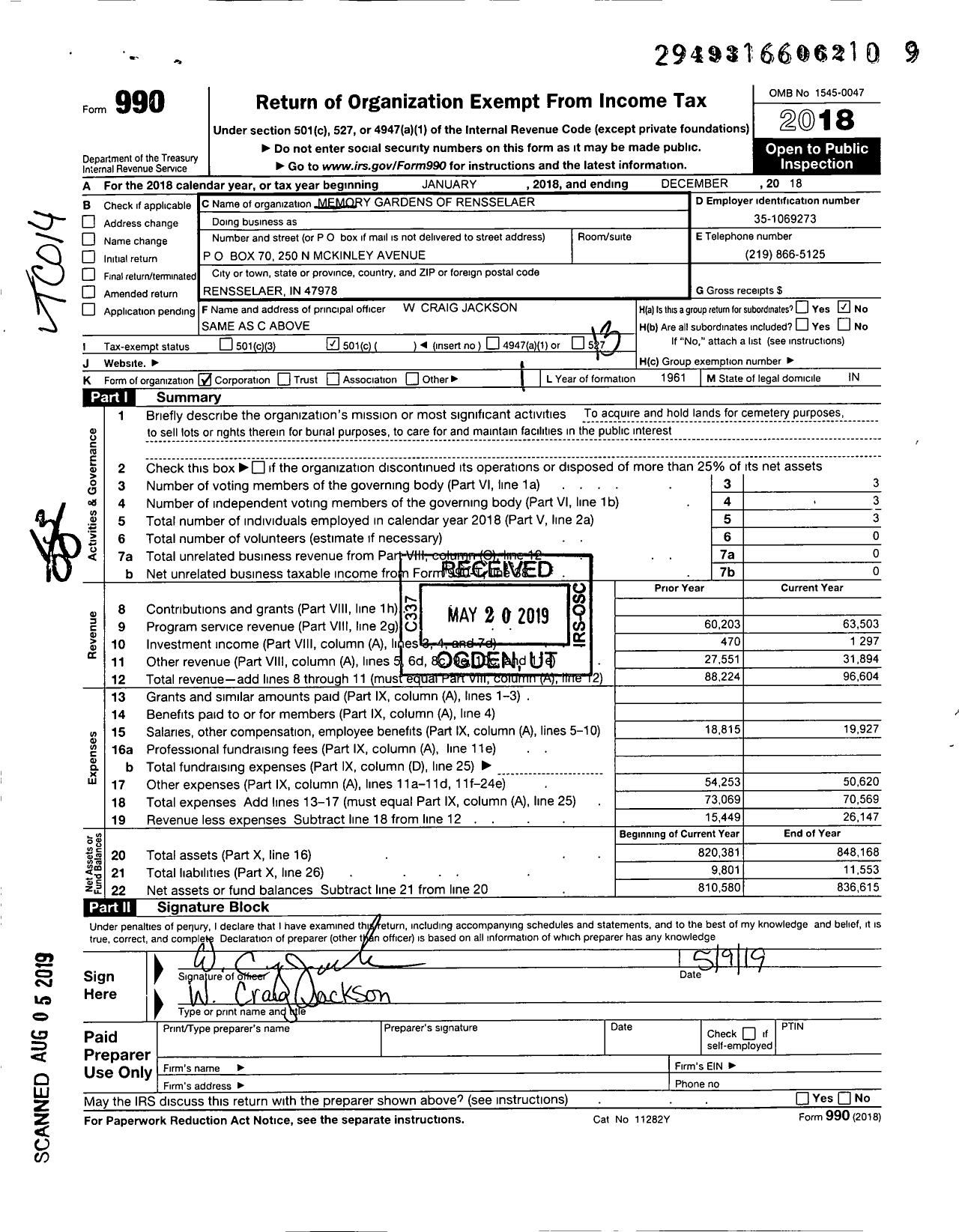 Image of first page of 2018 Form 990O for Memory Gardens of Rensselaer