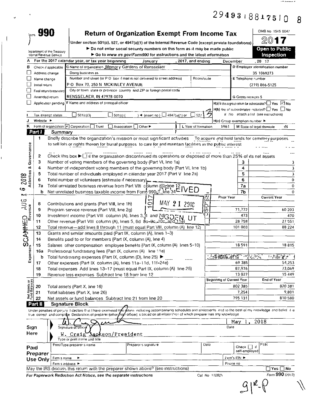 Image of first page of 2017 Form 990O for Memory Gardens of Rensselaer