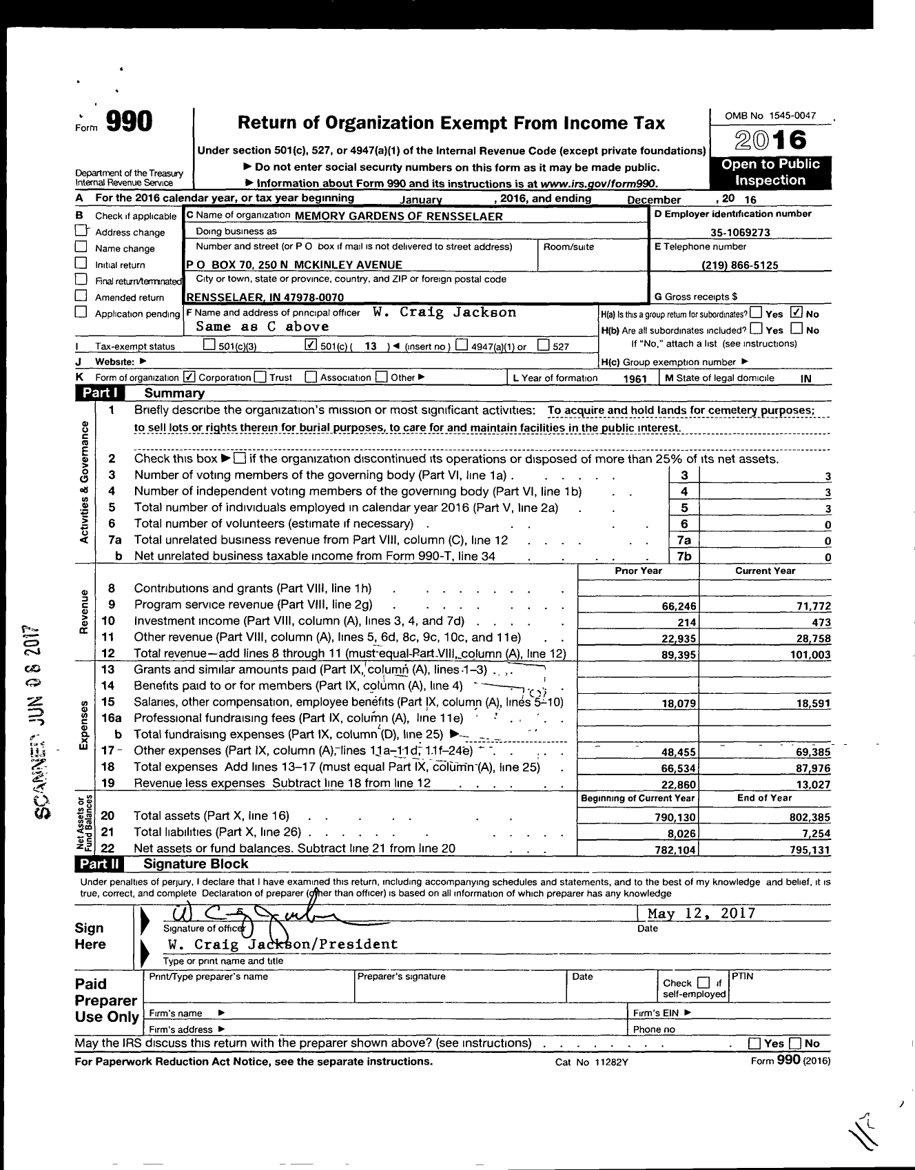 Image of first page of 2016 Form 990O for Memory Gardens of Rensselaer