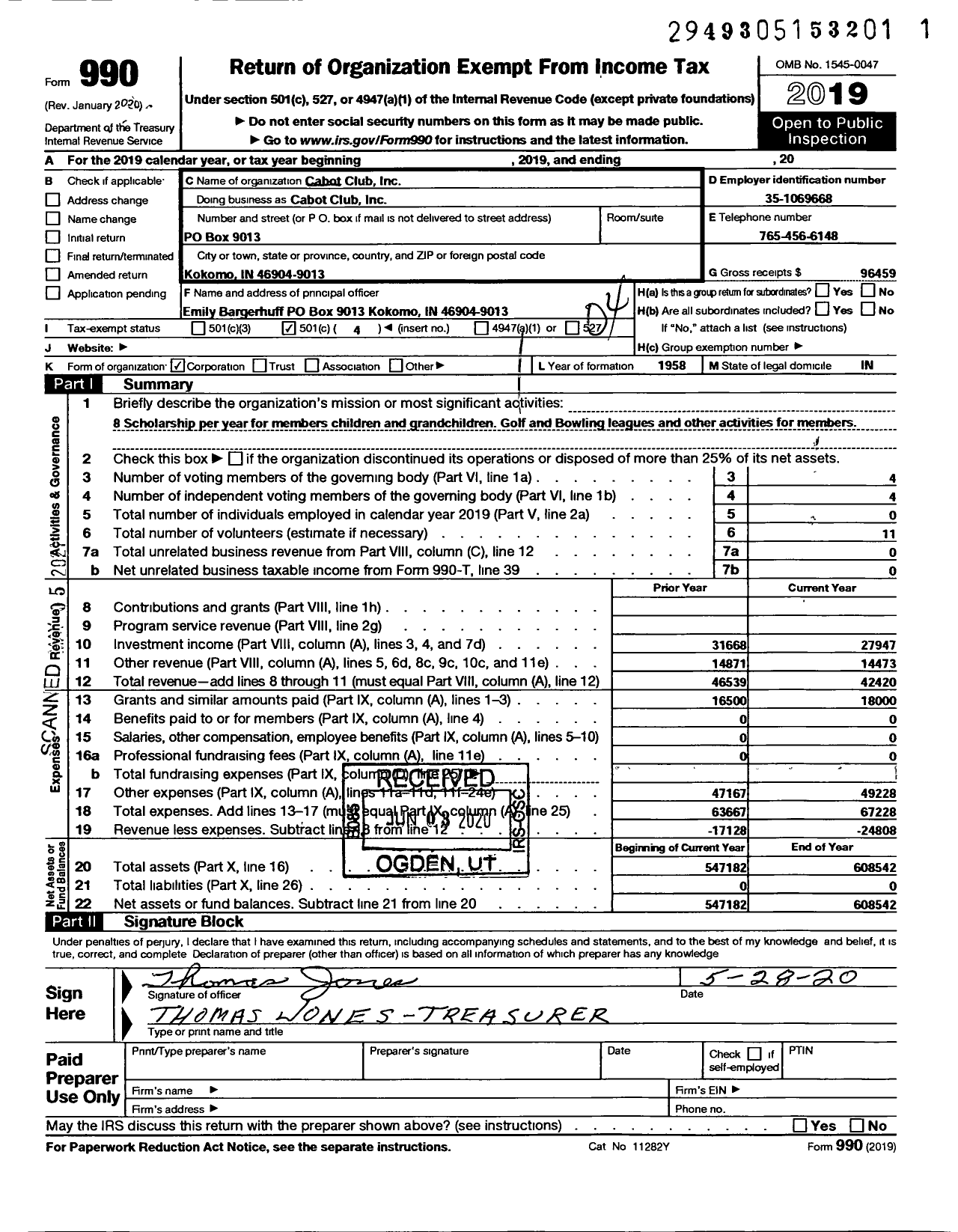 Image of first page of 2019 Form 990O for Cabot Club