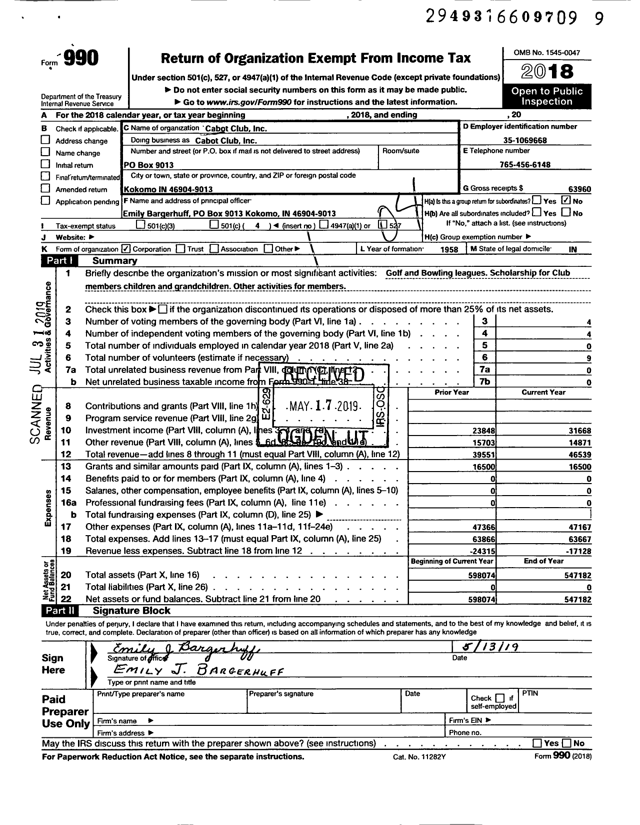 Image of first page of 2018 Form 990O for Cabot Club
