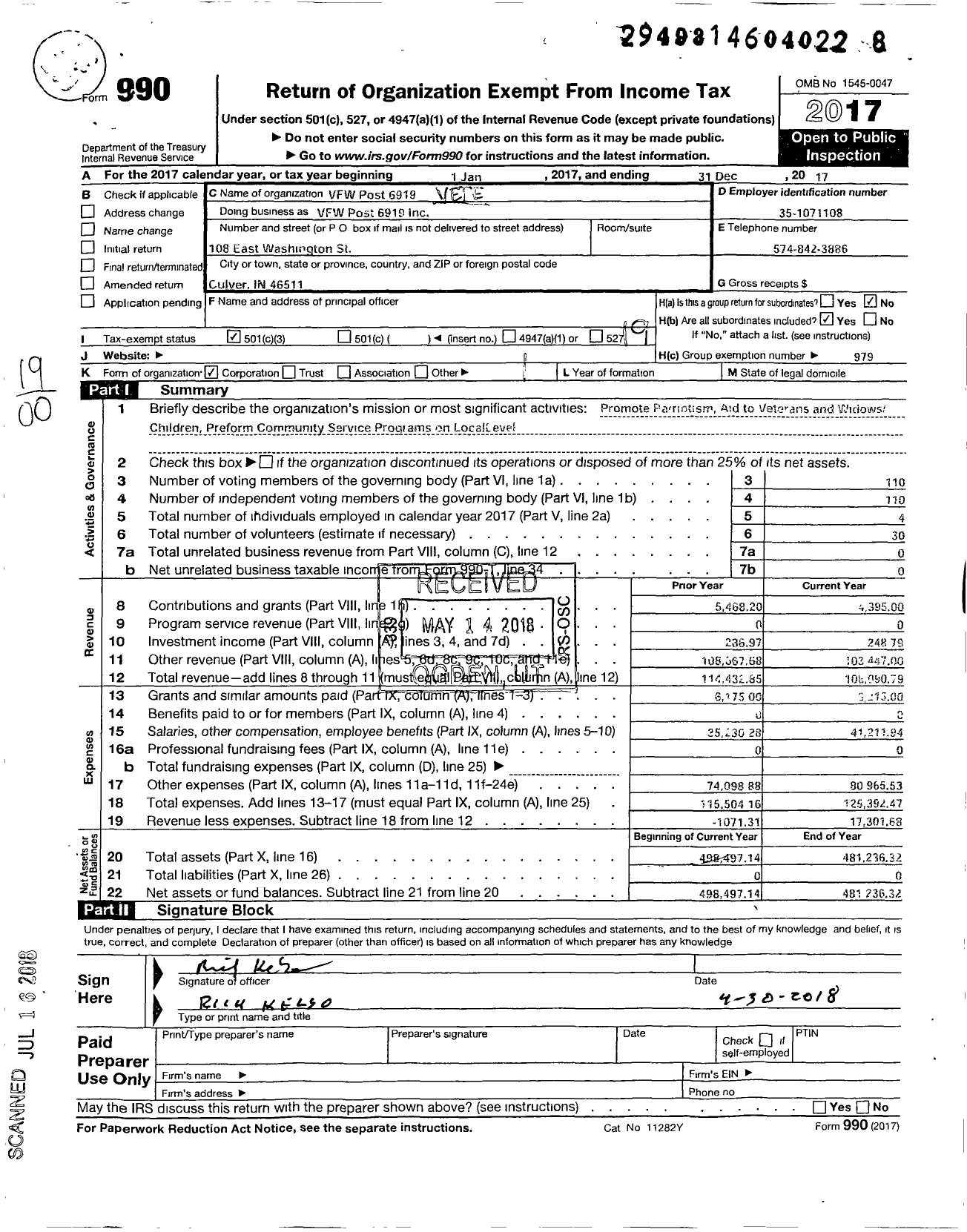 Image of first page of 2017 Form 990O for VFW Department of Indiana - VFW Post 6919