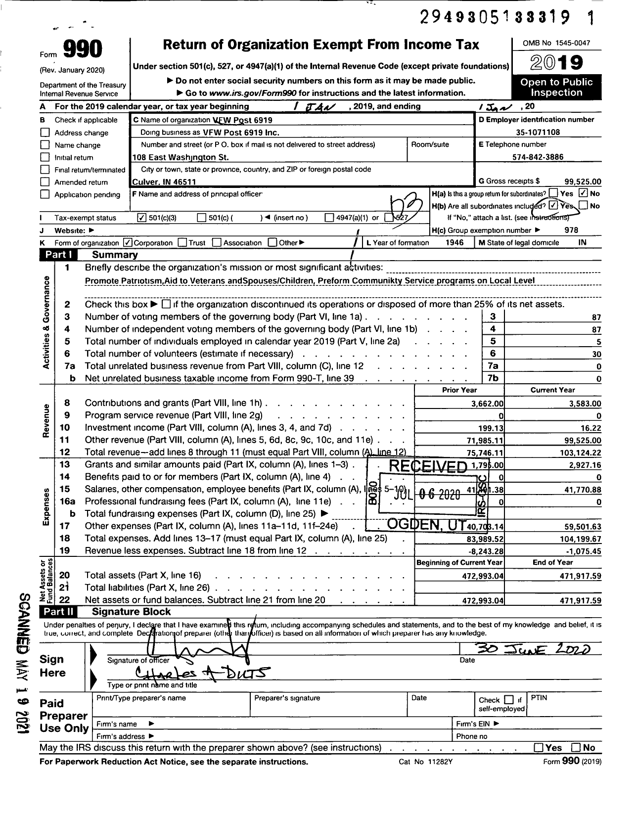 Image of first page of 2019 Form 990 for VFW Department of Indiana - VFW Post 6919