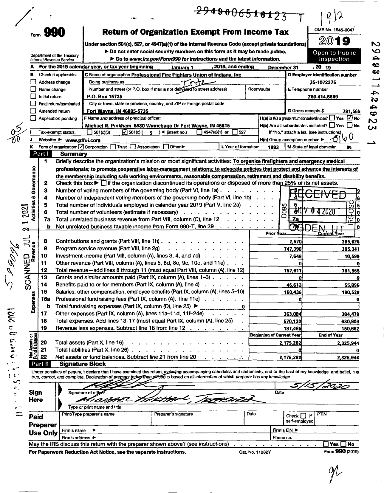 Image of first page of 2019 Form 990O for International Association of Fire Fighters - A0013 Prof Fire Fighters Union of I