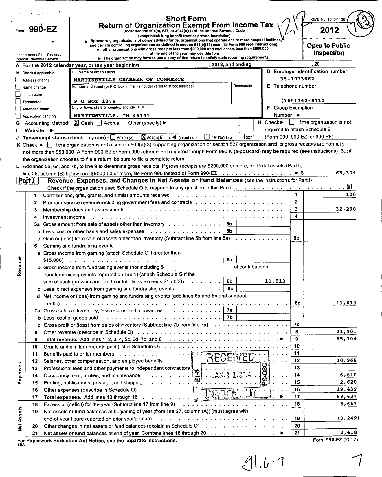 Image of first page of 2012 Form 990EO for Martinsville Chamber of Commerce