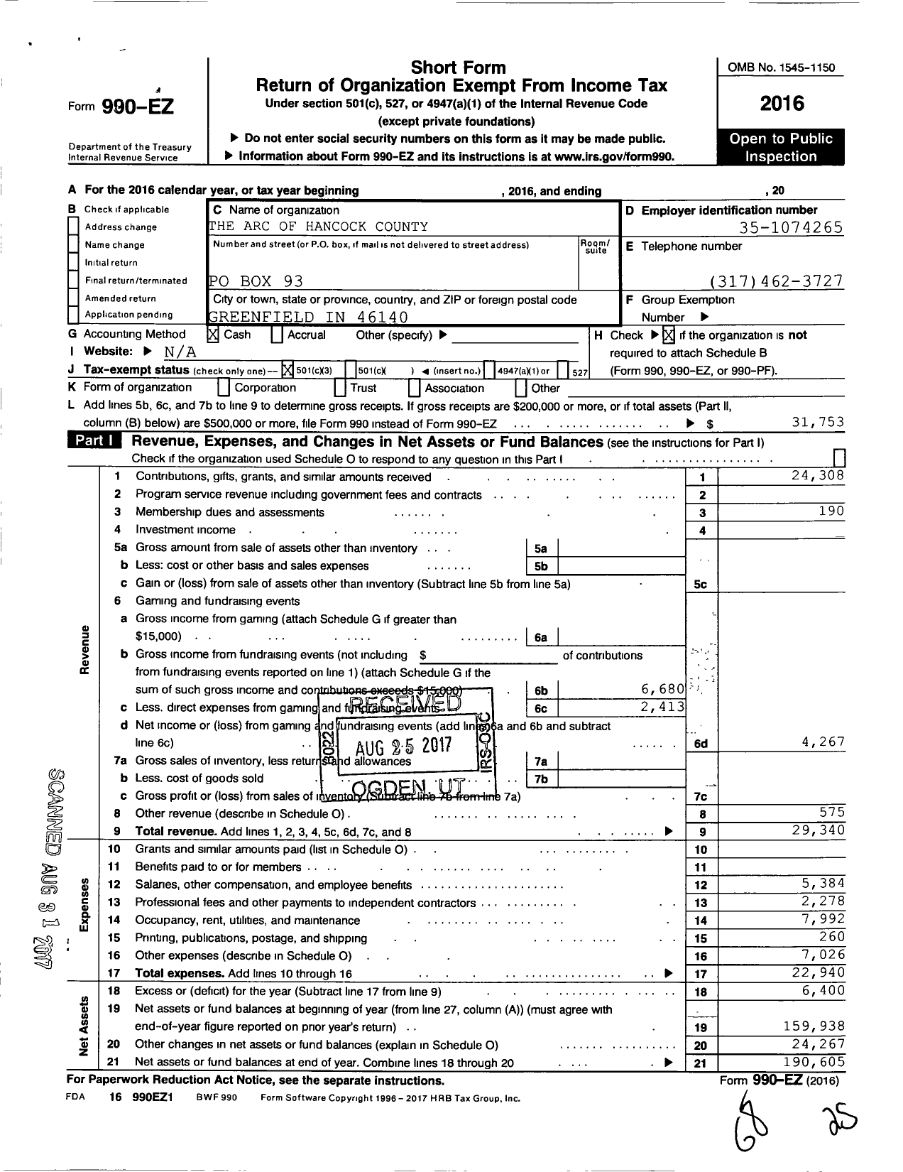 Image of first page of 2016 Form 990EZ for The Arc of Hancock County