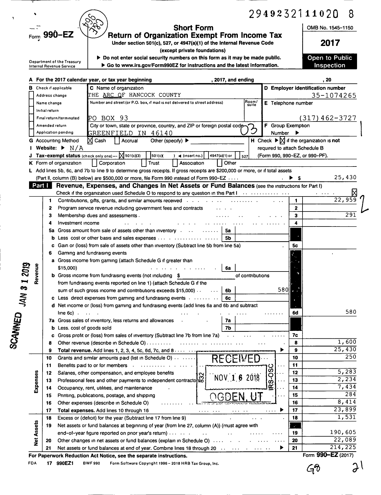 Image of first page of 2017 Form 990EZ for The Arc of Hancock County