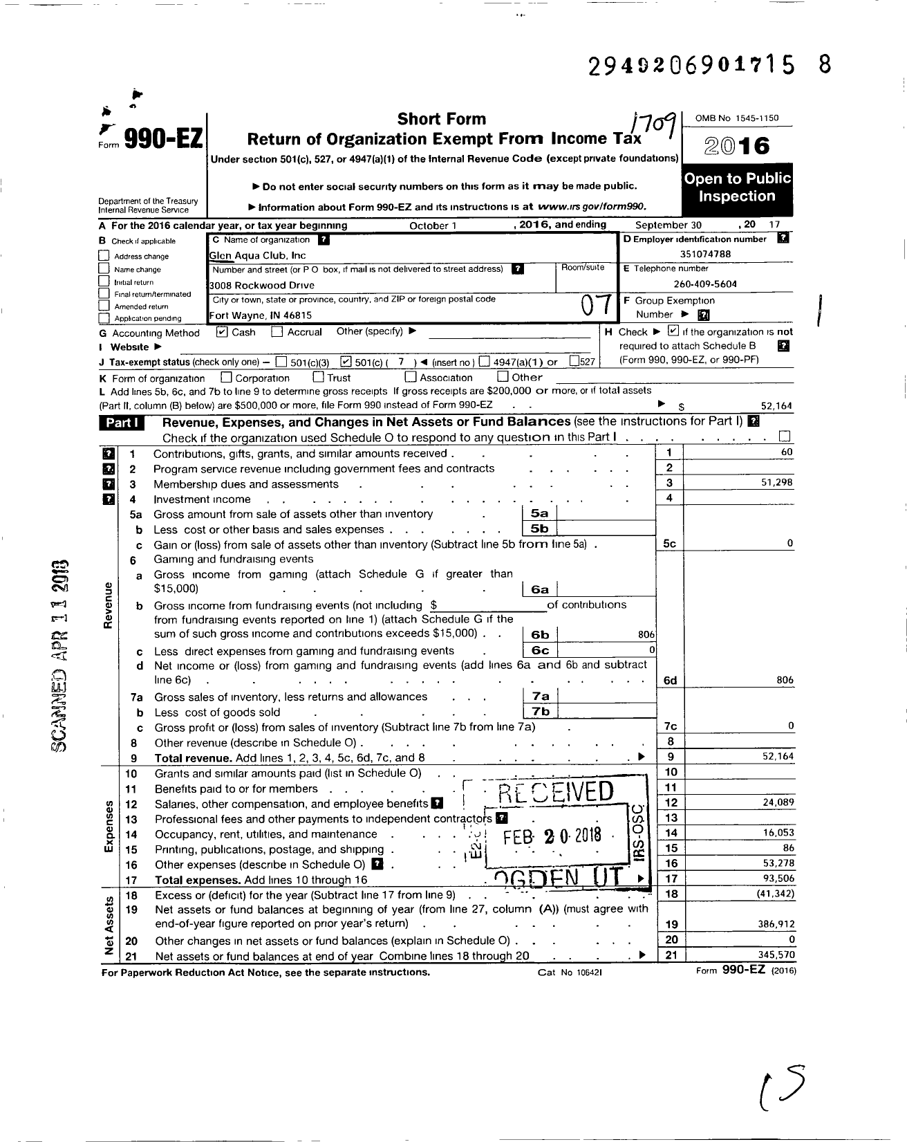 Image of first page of 2016 Form 990EO for Glen Aqua Club