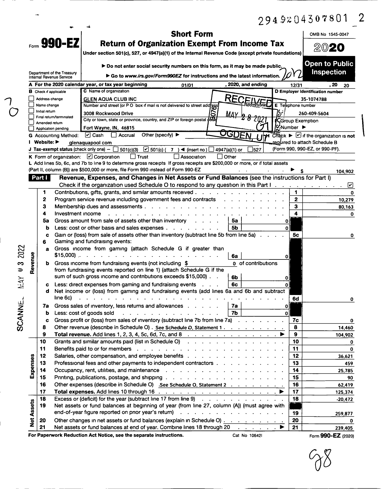 Image of first page of 2020 Form 990EO for Glen Aqua Club