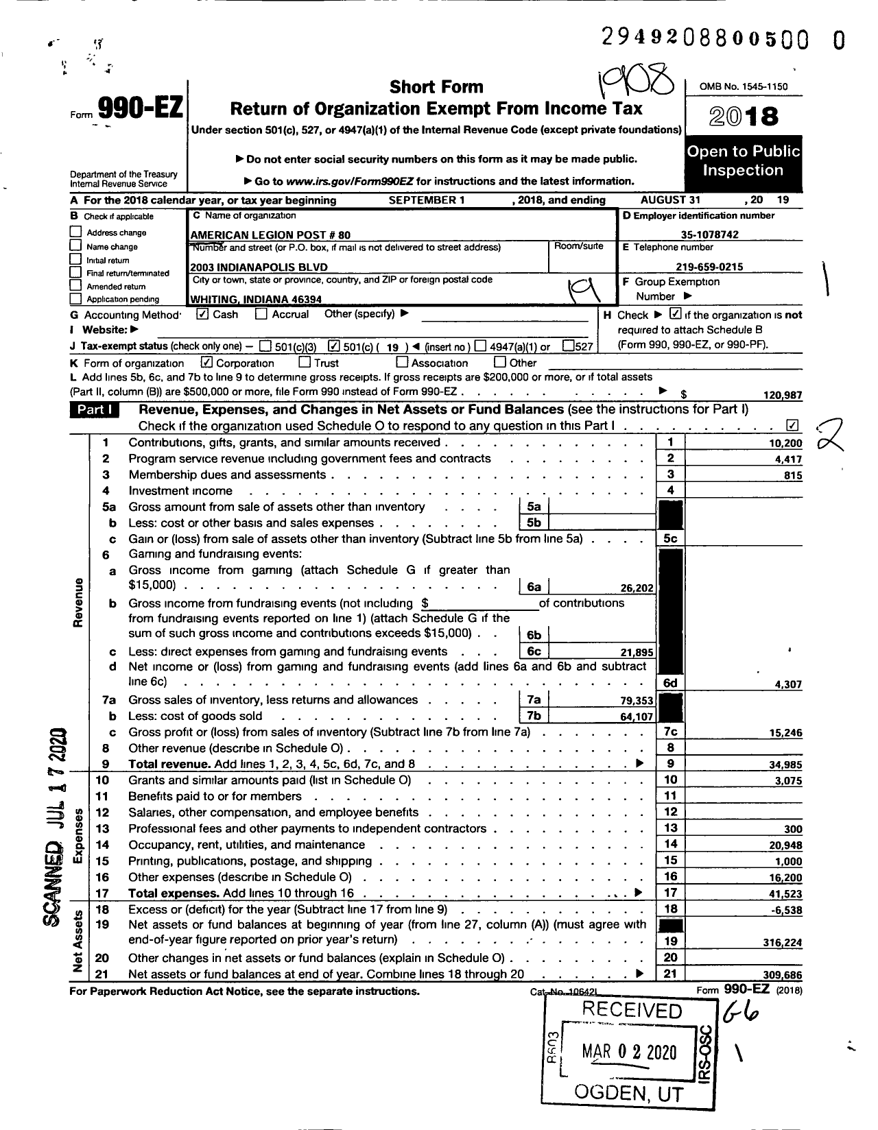 Image of first page of 2018 Form 990EO for American Legion - Whiting Post 80