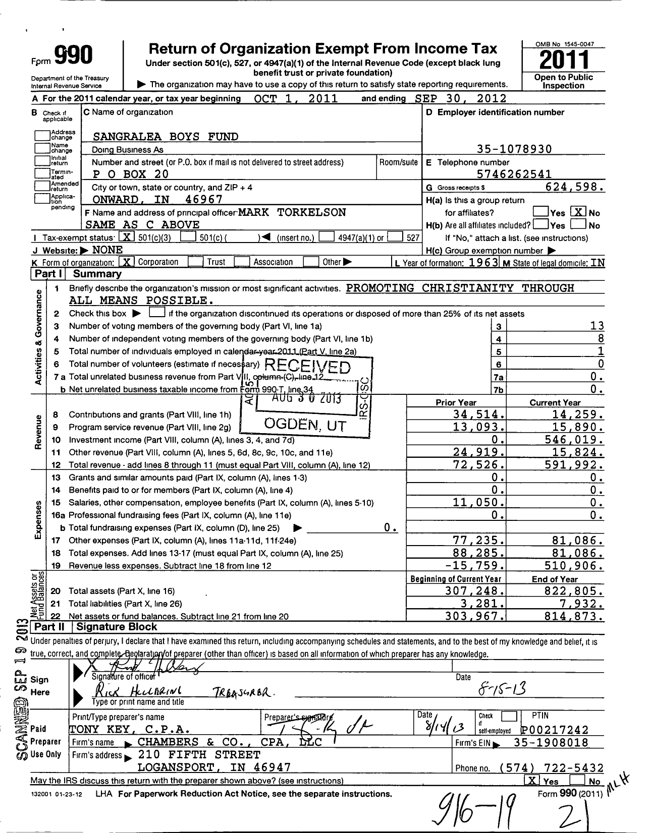 Image of first page of 2011 Form 990 for Sangralea Boys Fund