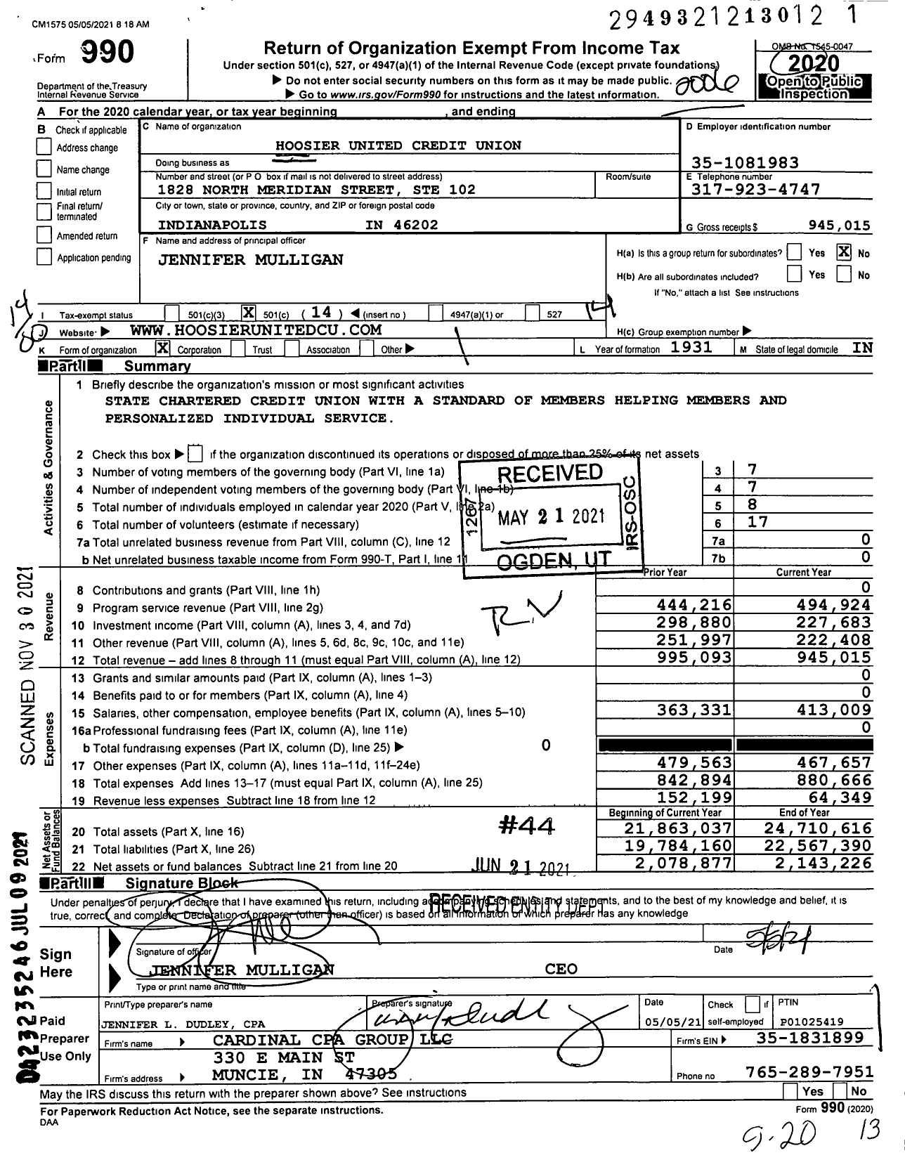 Image of first page of 2019 Form 990O for Hoosier United Credit Union