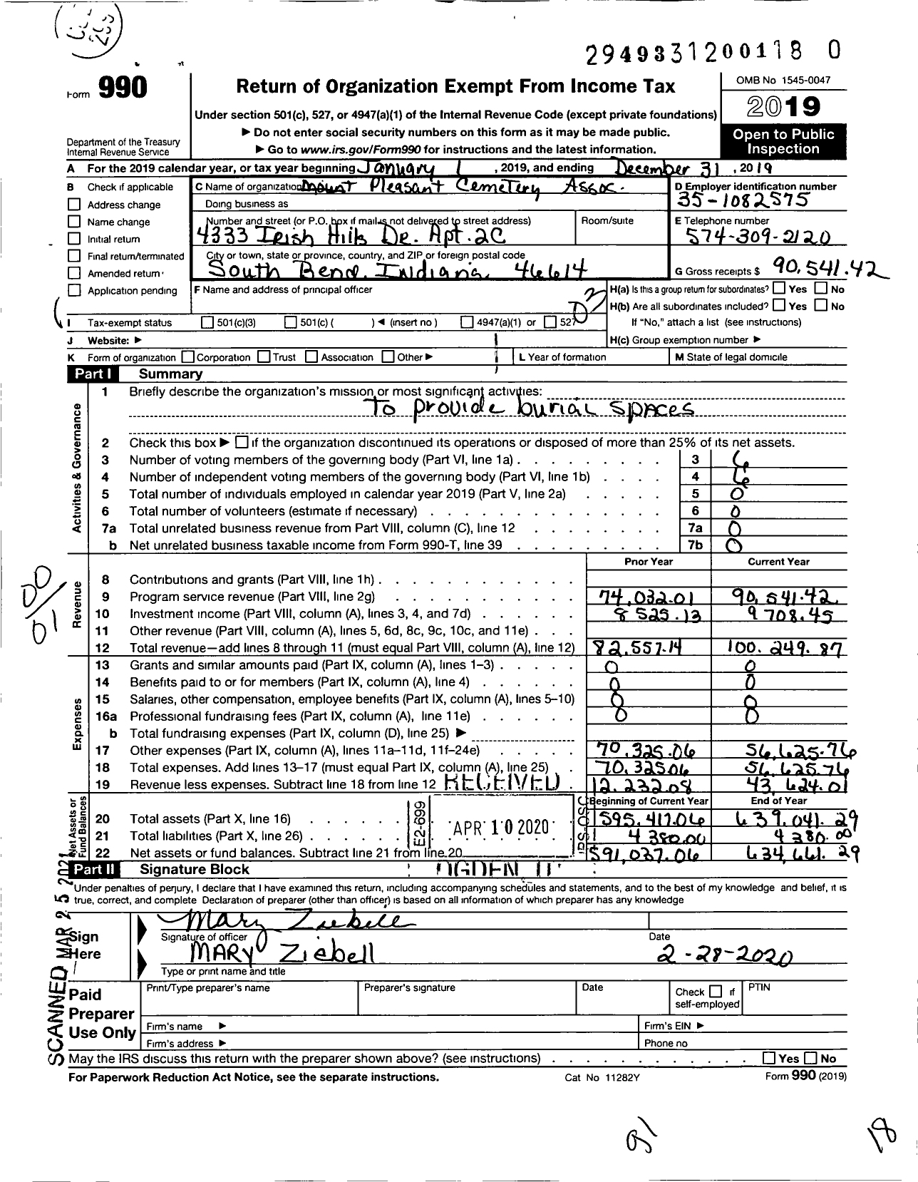 Image of first page of 2019 Form 990O for Mount Pleasant Cemetery Association