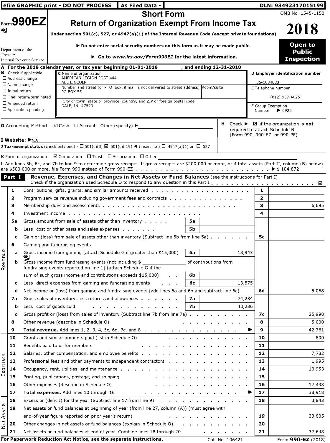 Image of first page of 2018 Form 990EO for American Legion - 444 Post Abe Lincoln