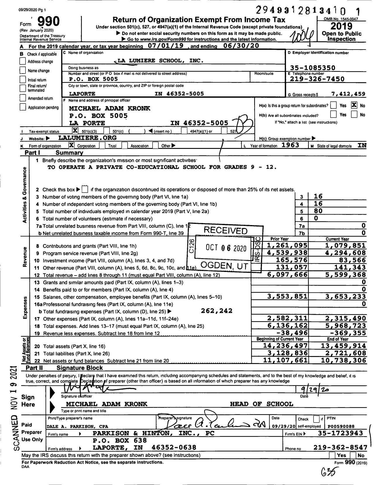 Image of first page of 2019 Form 990 for La Lumiere School