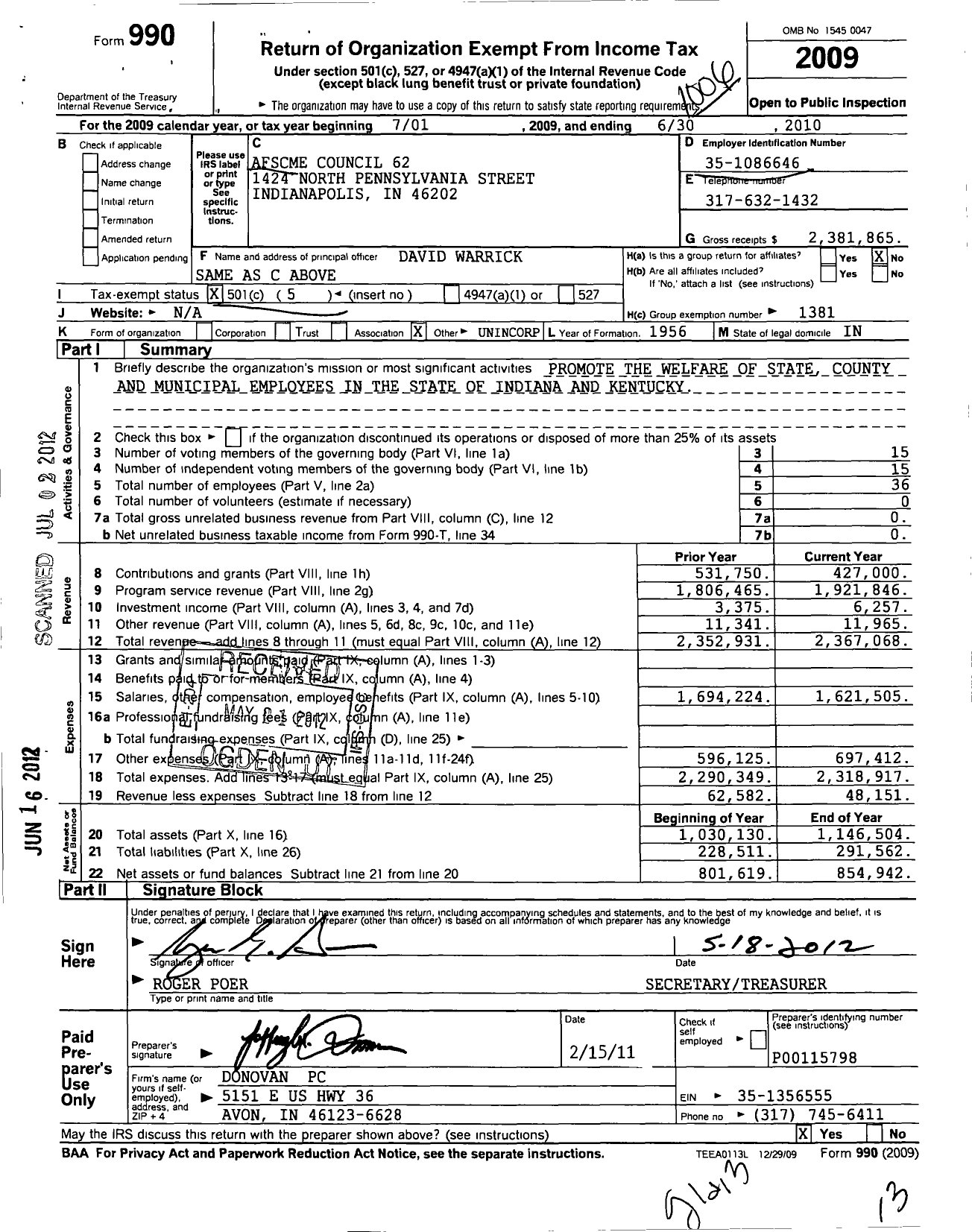 Image of first page of 2009 Form 990O for American Federation of State County & Municipal Employees - C0962in Indiana Kentucky Council962