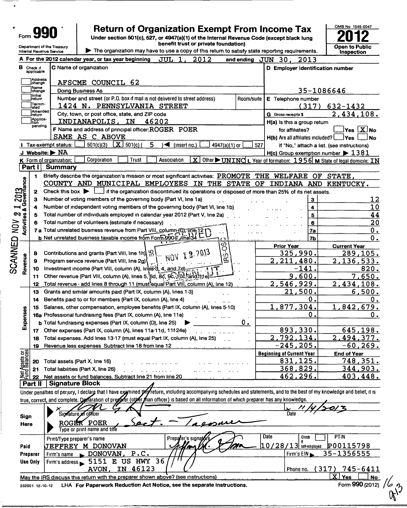 Image of first page of 2012 Form 990O for American Federation of State County & Municipal Employees - C0962in Indiana Kentucky Council962