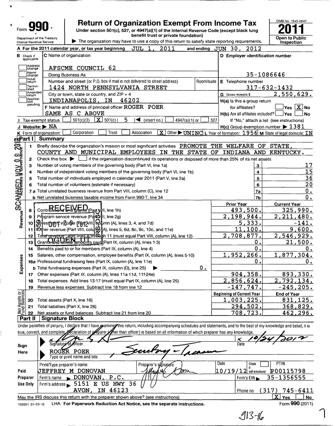 Image of first page of 2011 Form 990O for American Federation of State County & Municipal Employees - C0962in Indiana Kentucky Council962