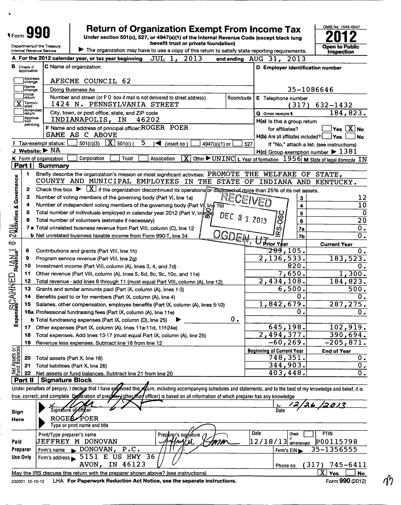 Image of first page of 2012 Form 990O for American Federation of State County & Municipal Employees - C0962in Indiana Kentucky Council962