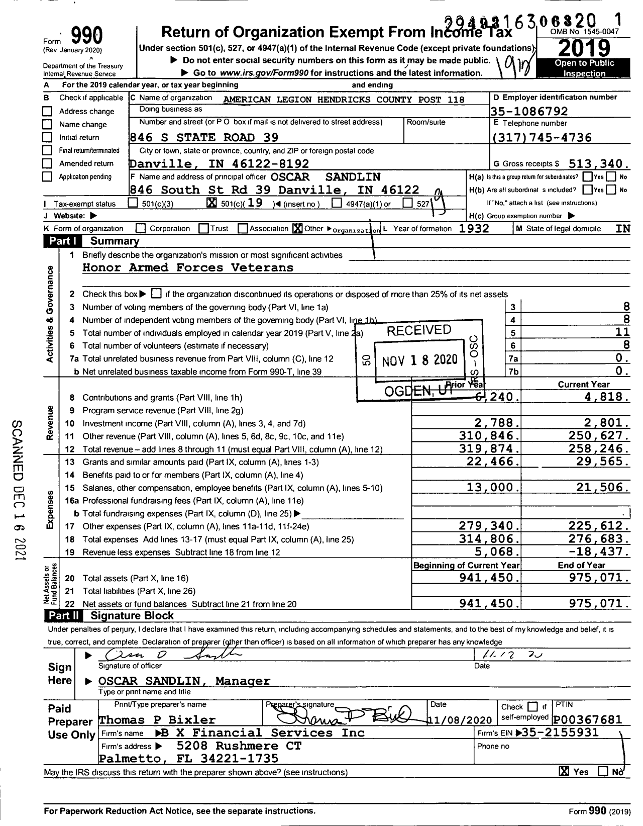 Image of first page of 2019 Form 990O for American Legion Hendricks County Post 118