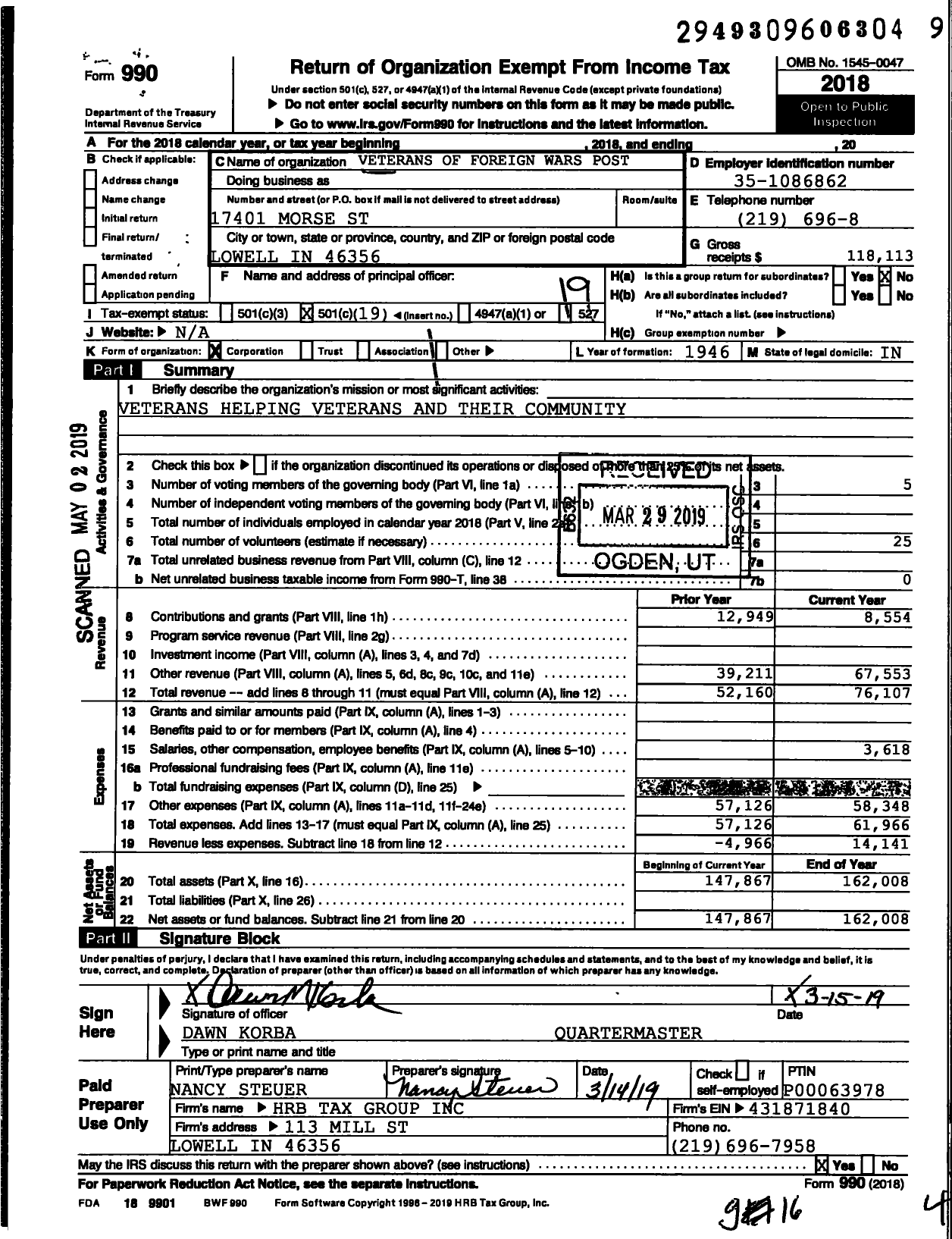 Image of first page of 2018 Form 990O for VFW Department of Indiana - 6841 Vfw-Ind Lowell Memorial