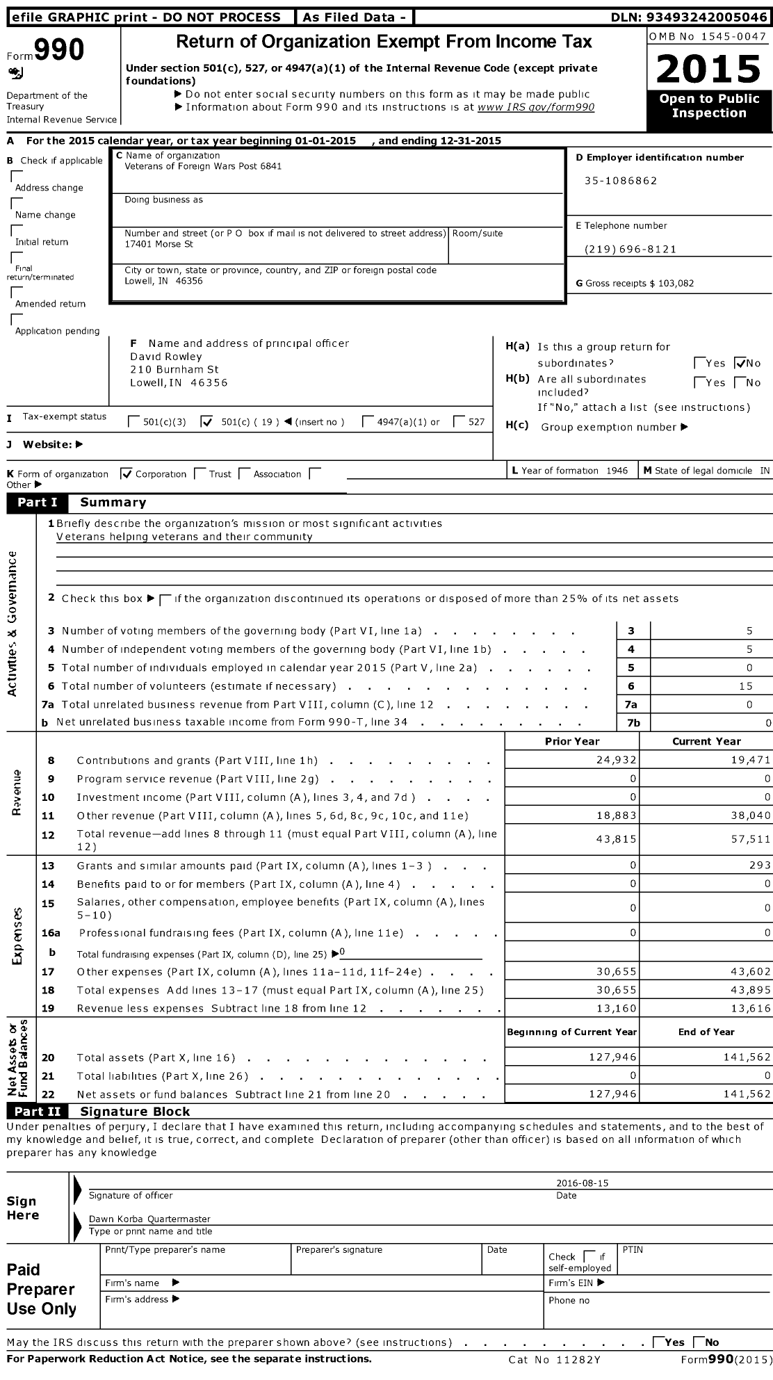 Image of first page of 2015 Form 990O for VFW Department of Indiana - 6841 Vfw-Ind Lowell Memorial