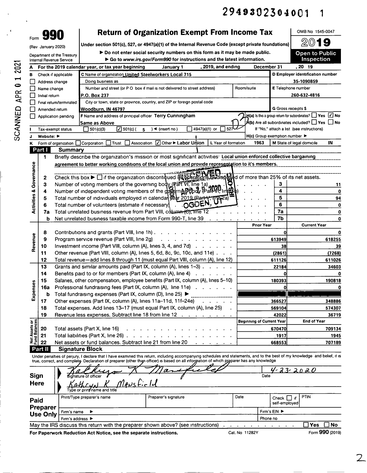 Image of first page of 2019 Form 990 for United Steelworkers Local 715