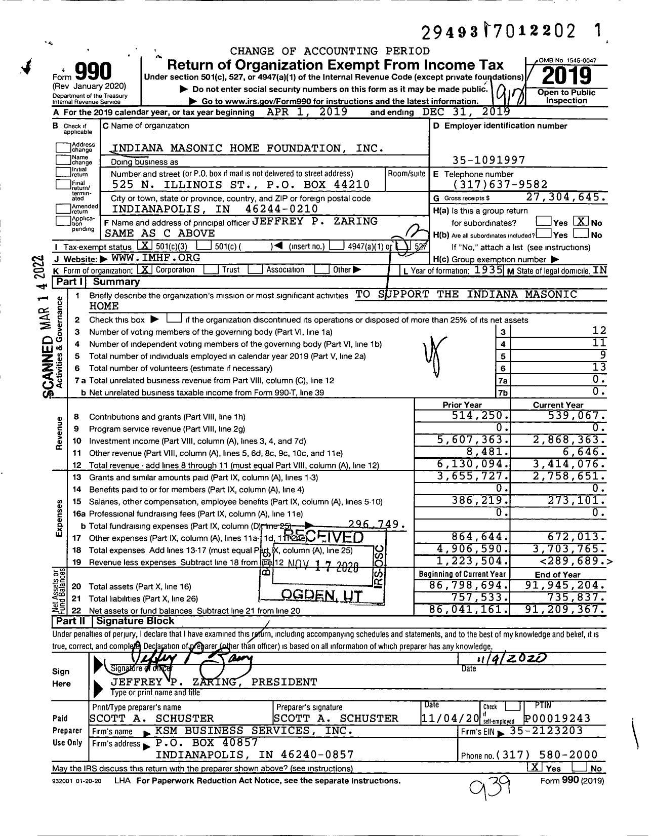 Image of first page of 2019 Form 990 for Indiana Masonic Home Foundation