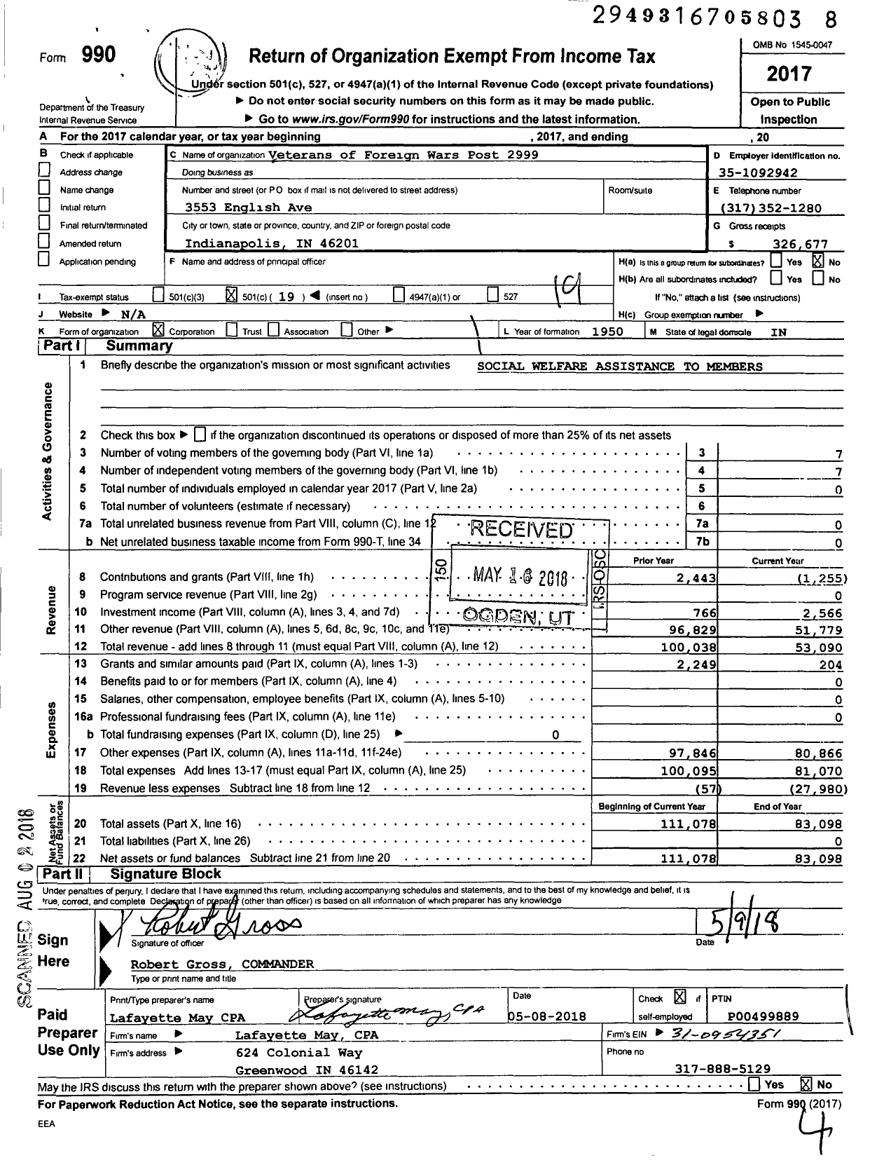 Image of first page of 2017 Form 990O for VFW Department of Indiana - 2999 VFW Irvington