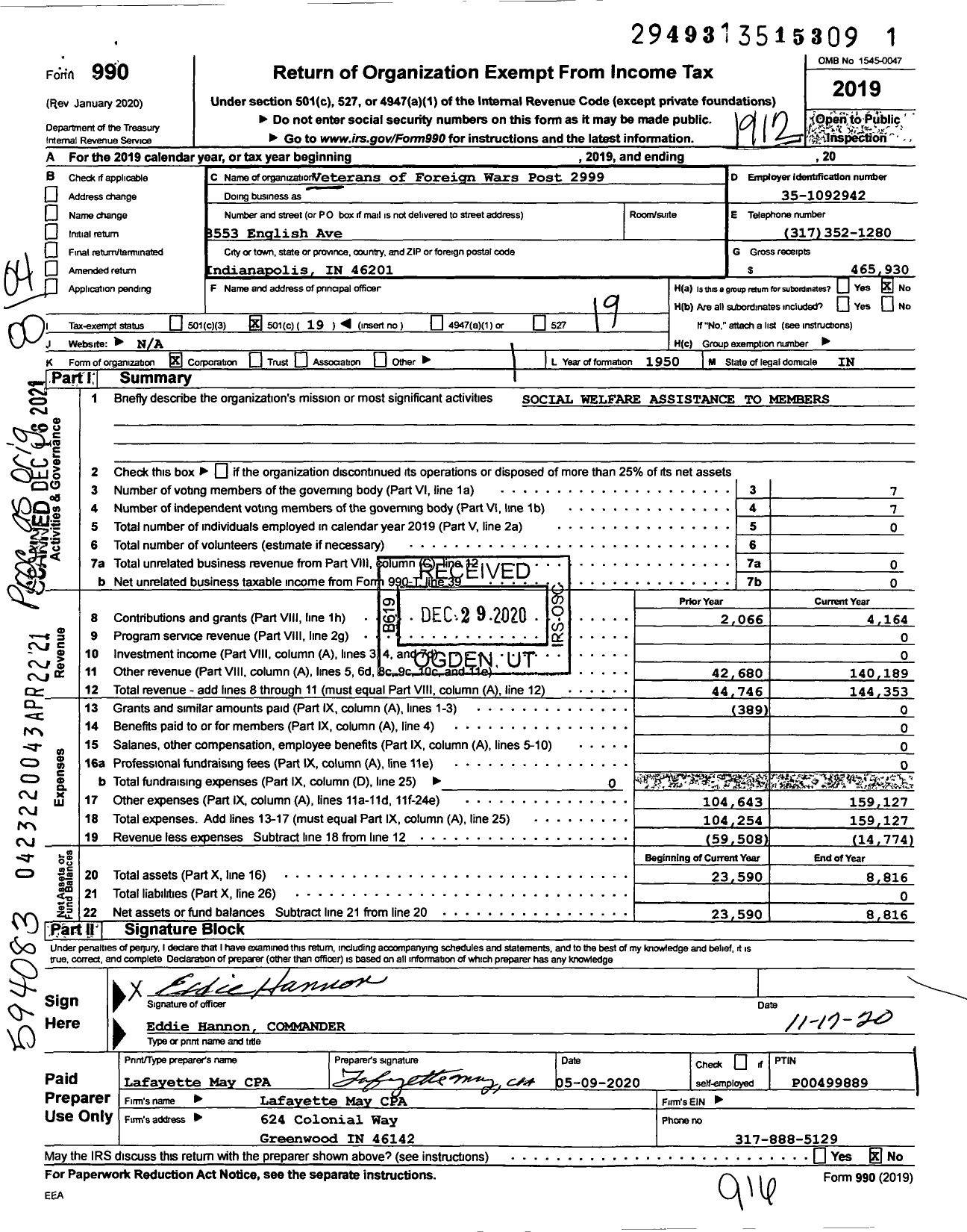 Image of first page of 2019 Form 990O for VFW Department of Indiana - 2999 VFW Irvington