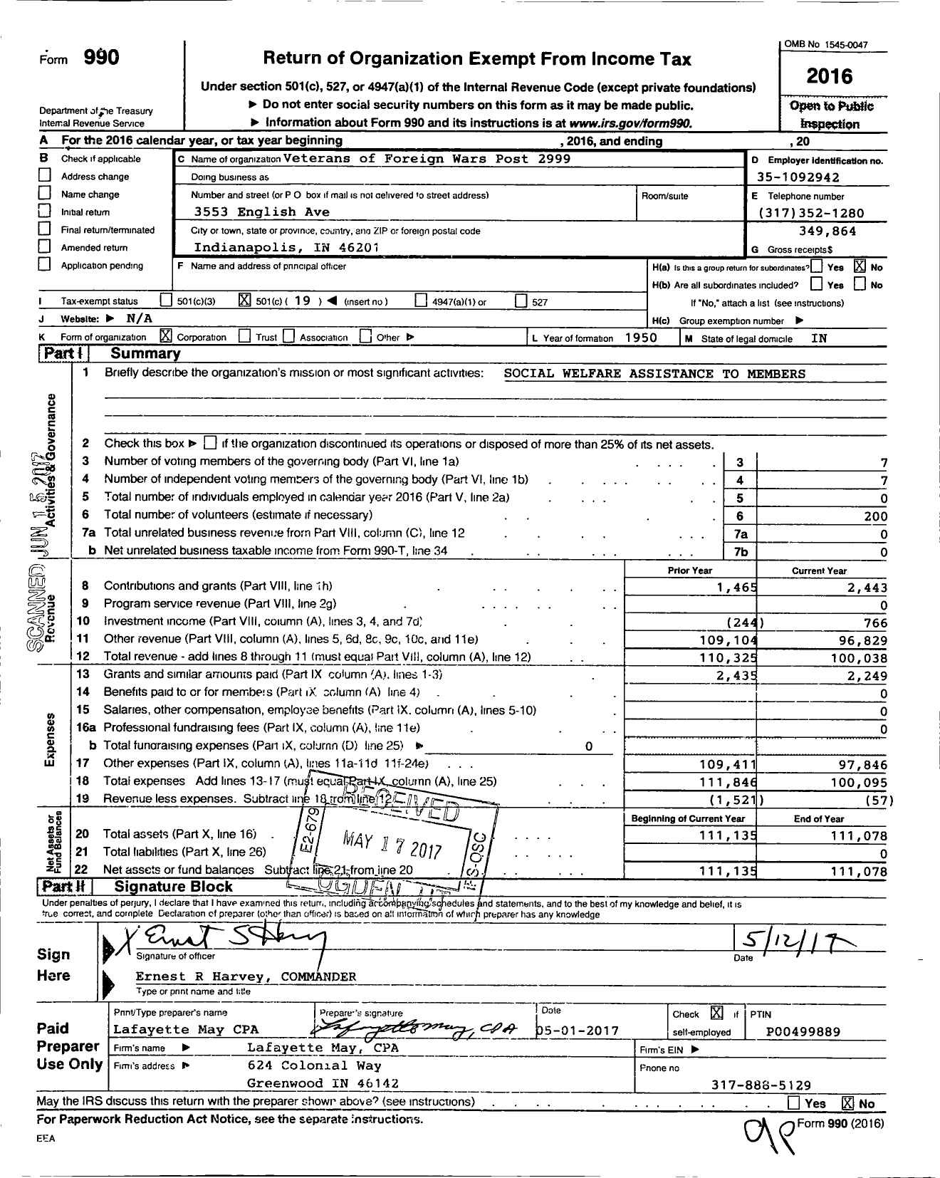 Image of first page of 2016 Form 990O for VFW Department of Indiana - 2999 VFW Irvington