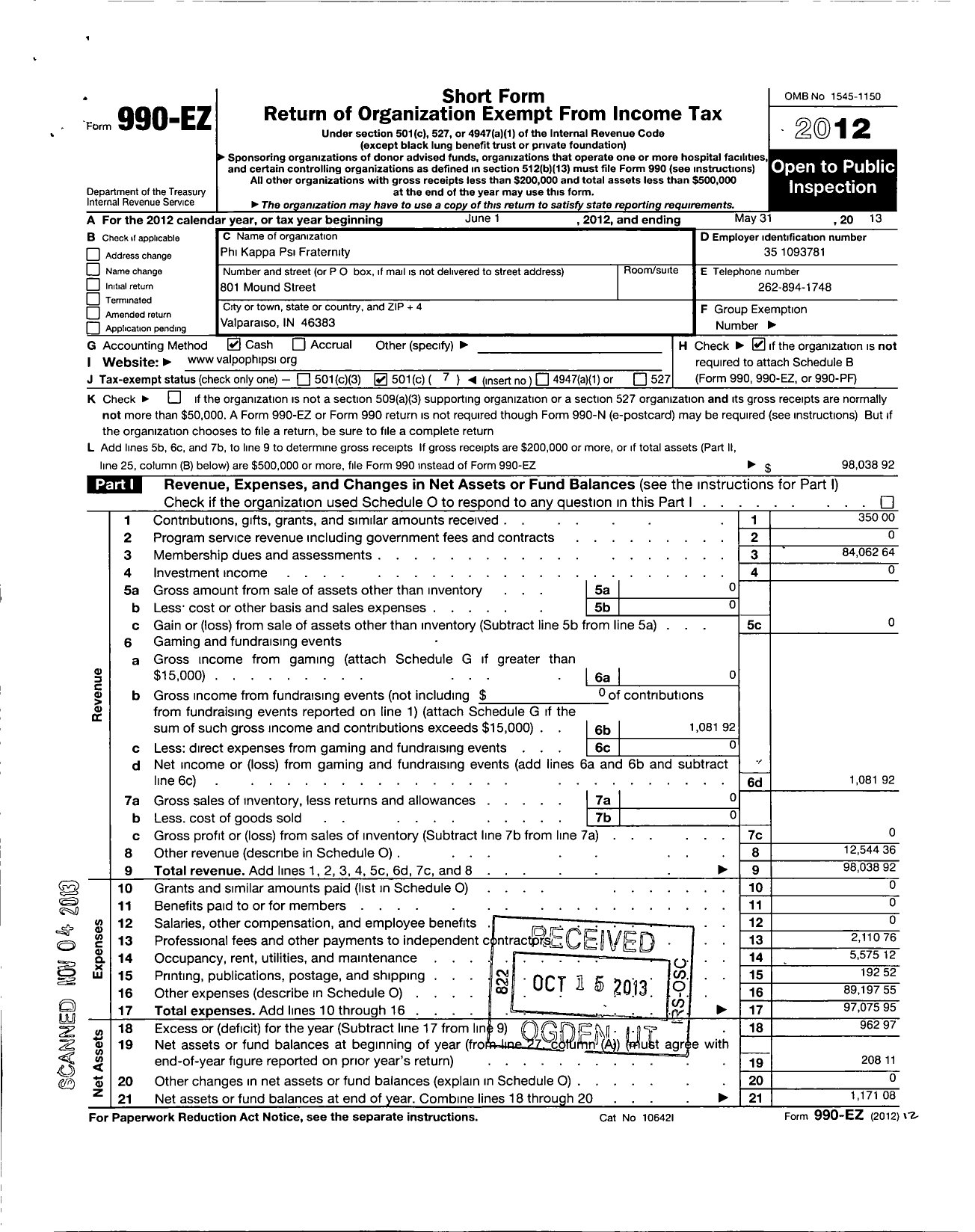 Image of first page of 2012 Form 990EO for Phi Kappa Psi Fraternity / Indiana Epsilon Chapter