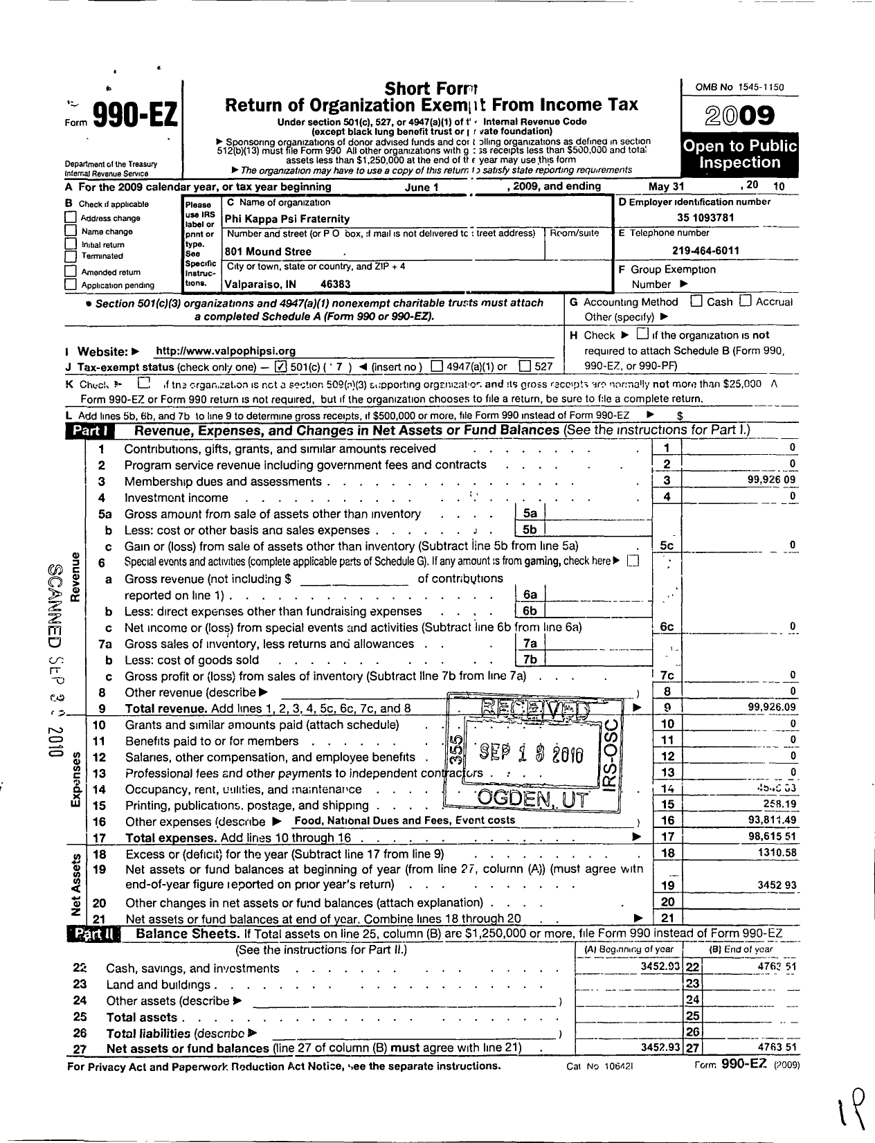 Image of first page of 2009 Form 990EO for Phi Kappa Psi Fraternity / Indiana Epsilon Chapter