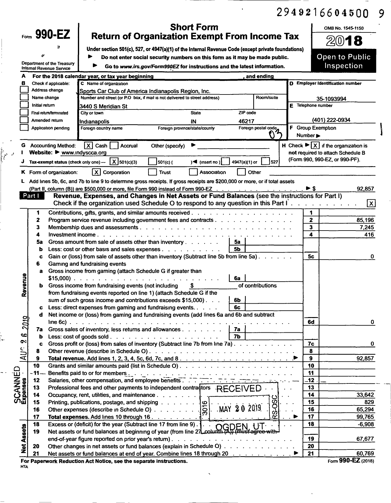 Image of first page of 2018 Form 990EZ for Sports Car Club of America Indianapolis Region