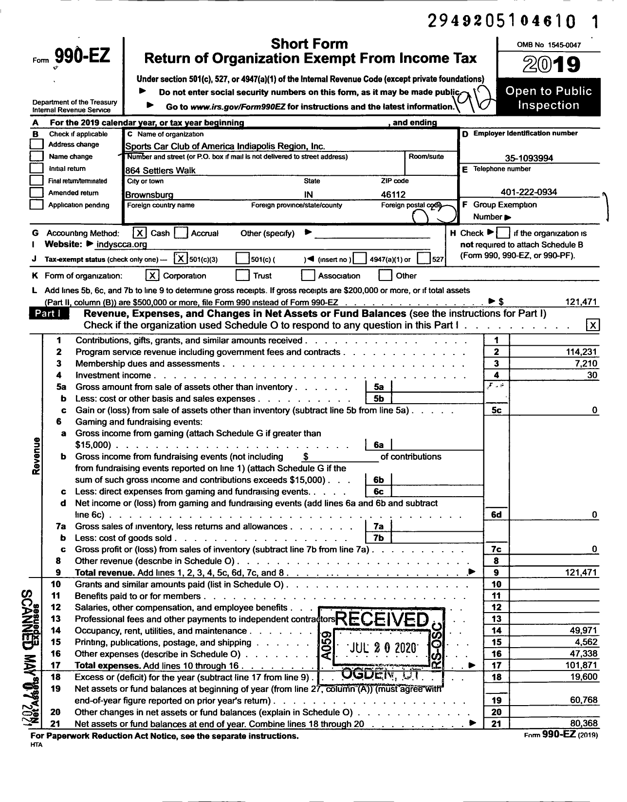 Image of first page of 2019 Form 990EZ for Sports Car Club of America Indianapolis Region