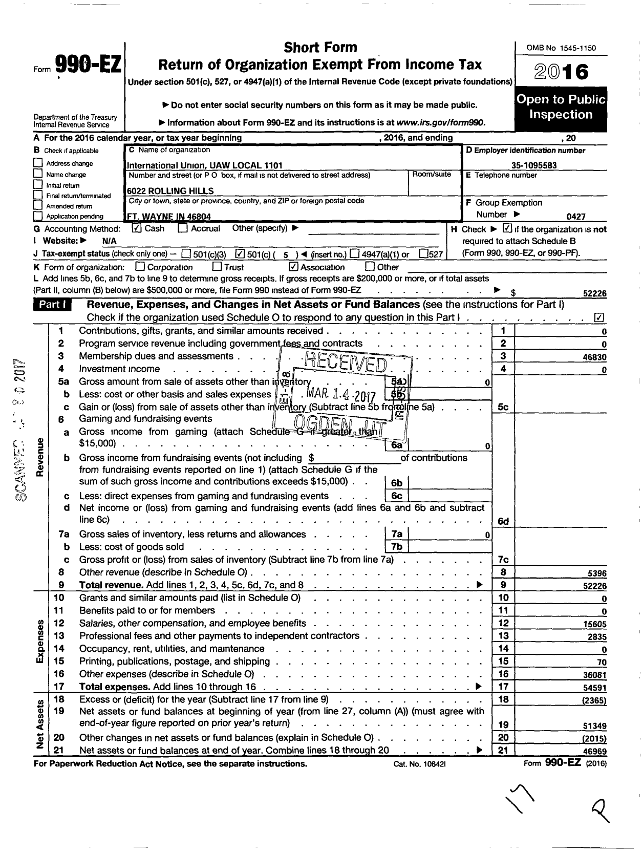 Image of first page of 2016 Form 990EO for UAW - International Union UAW Local 1101