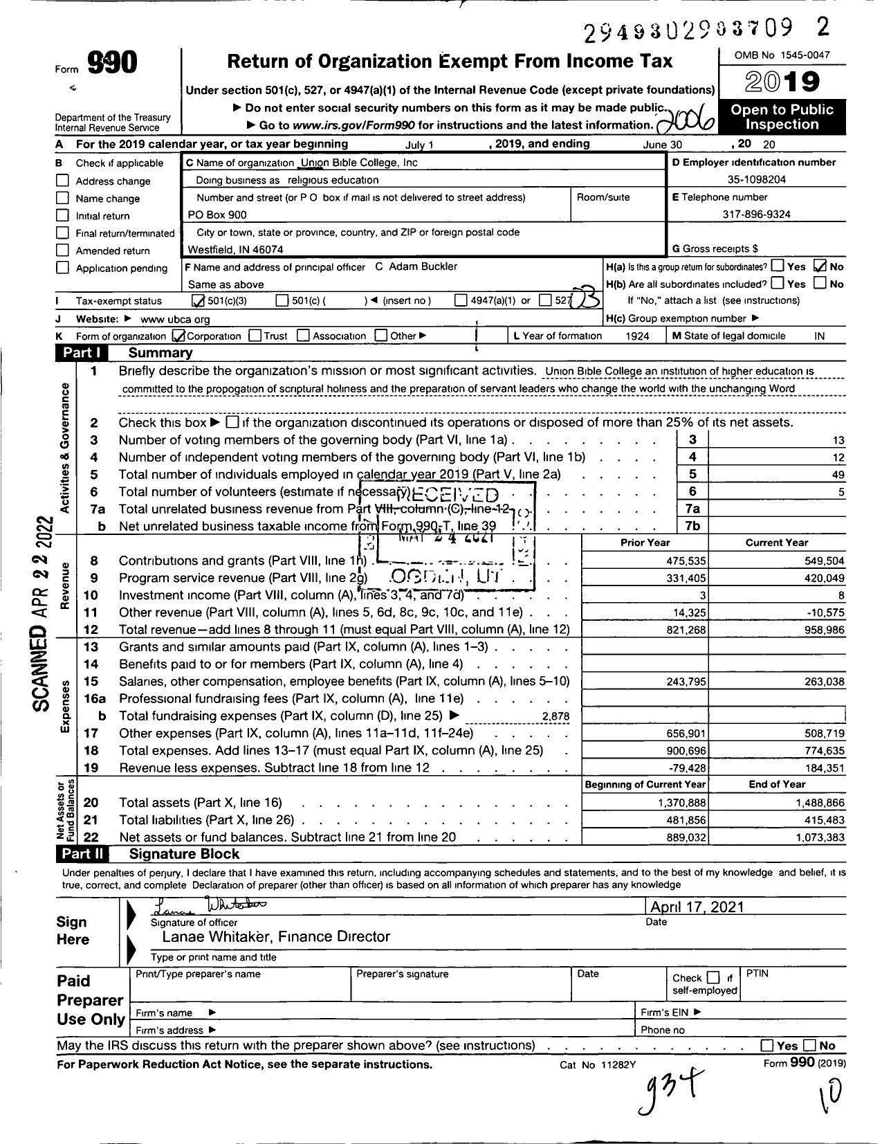 Image of first page of 2019 Form 990 for Union Bible College