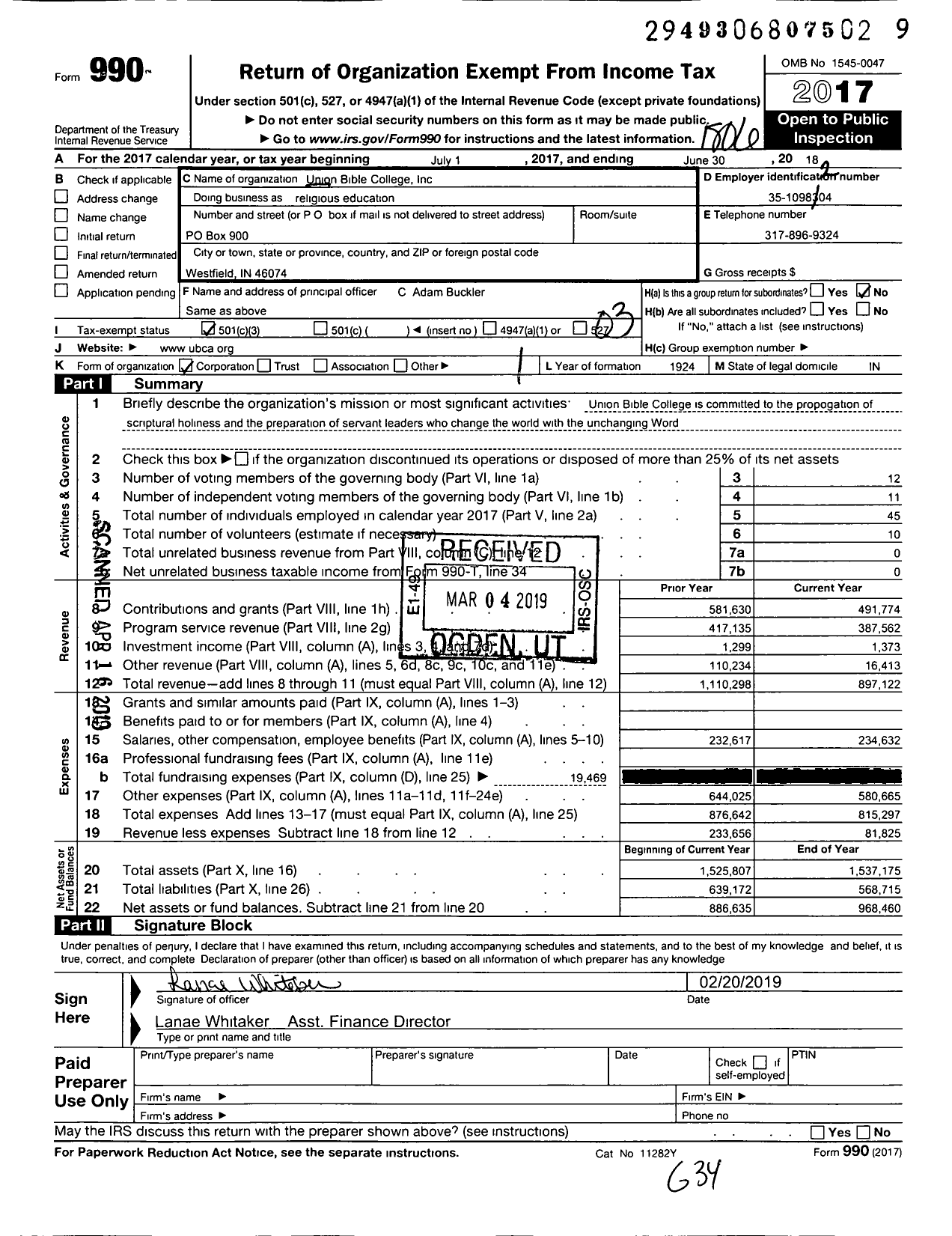 Image of first page of 2017 Form 990 for Union Bible College